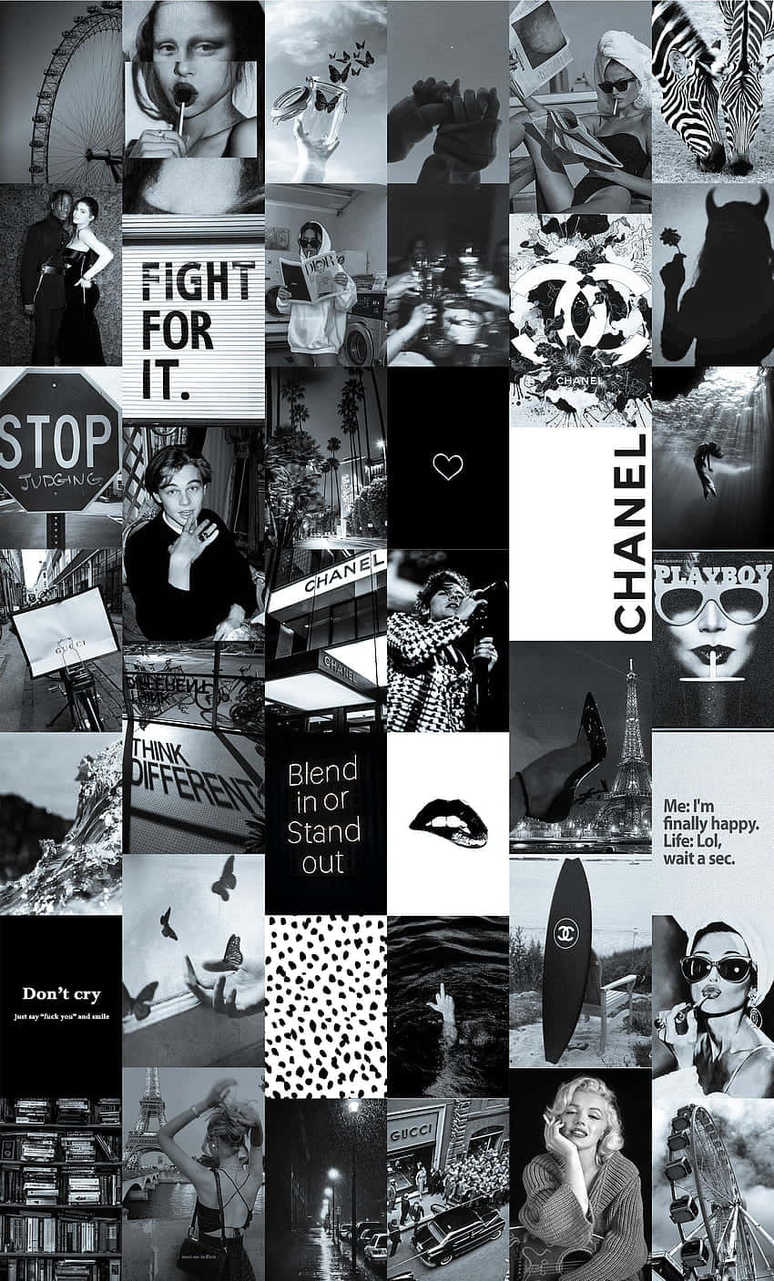 Black And White Collage 桌布 壁紙 — 以網格排列的標誌性流行文化時刻、時尚標誌和勵志名言的黑白拼貼畫。