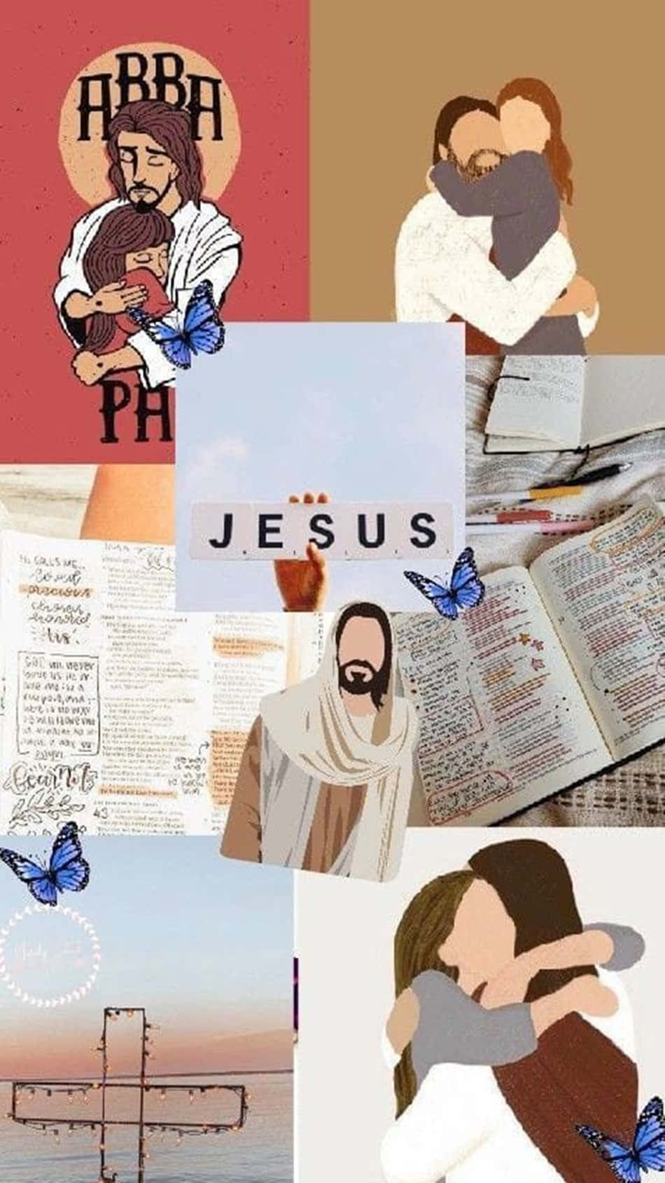 Aesthetic Jesus 桌布 壁紙 — 以耶穌、聖經頁面、藍色蝴蝶和擁抱情侶為主題的基督教插圖和照片拼貼。