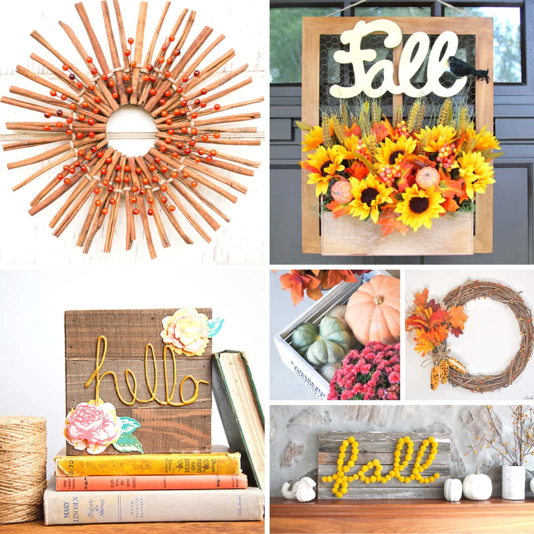 Fall Crafts 桌布 壁紙 — 以肉桂棒花環、向日葵、南瓜和帶有hello及秋季字樣的鄉村風格木牌為特色的秋季主題裝飾拼貼畫。
