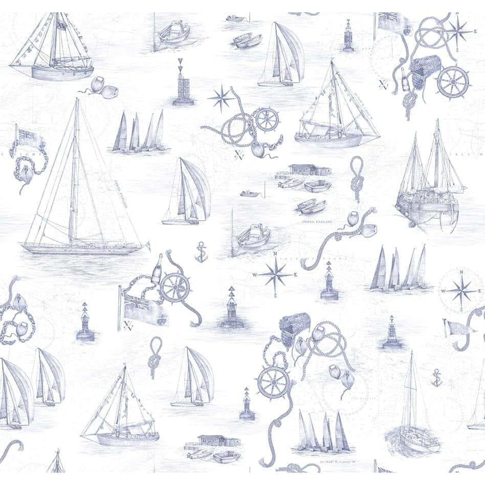 Nautical 桌布 壁紙 — 以航海為主題的壁紙，白色背景上有藍色鉛筆素描的帆船、燈塔和海事符號。