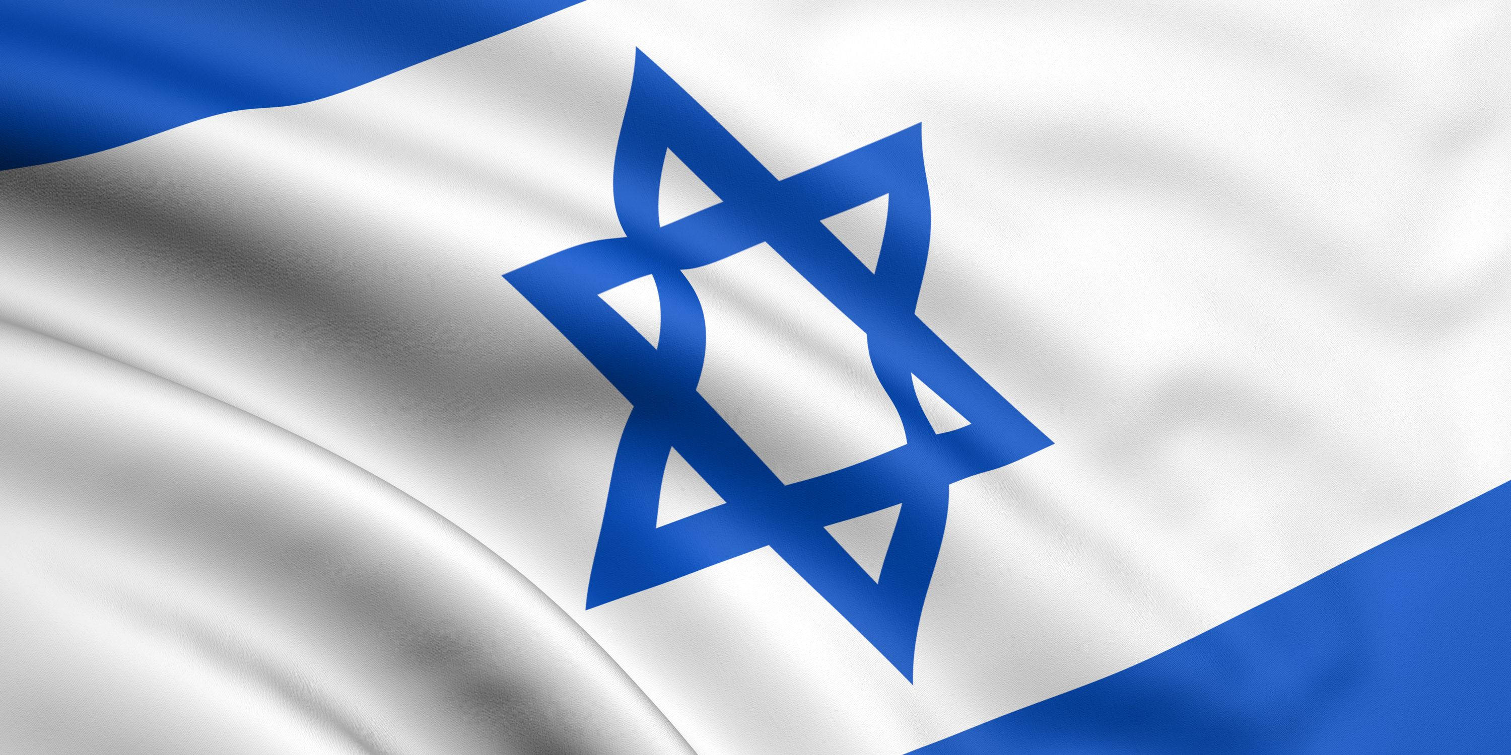 Israel Flag 桌布 壁紙 — 以色列國旗上的藍色大衛之星和水平條紋在風中動態飄揚。