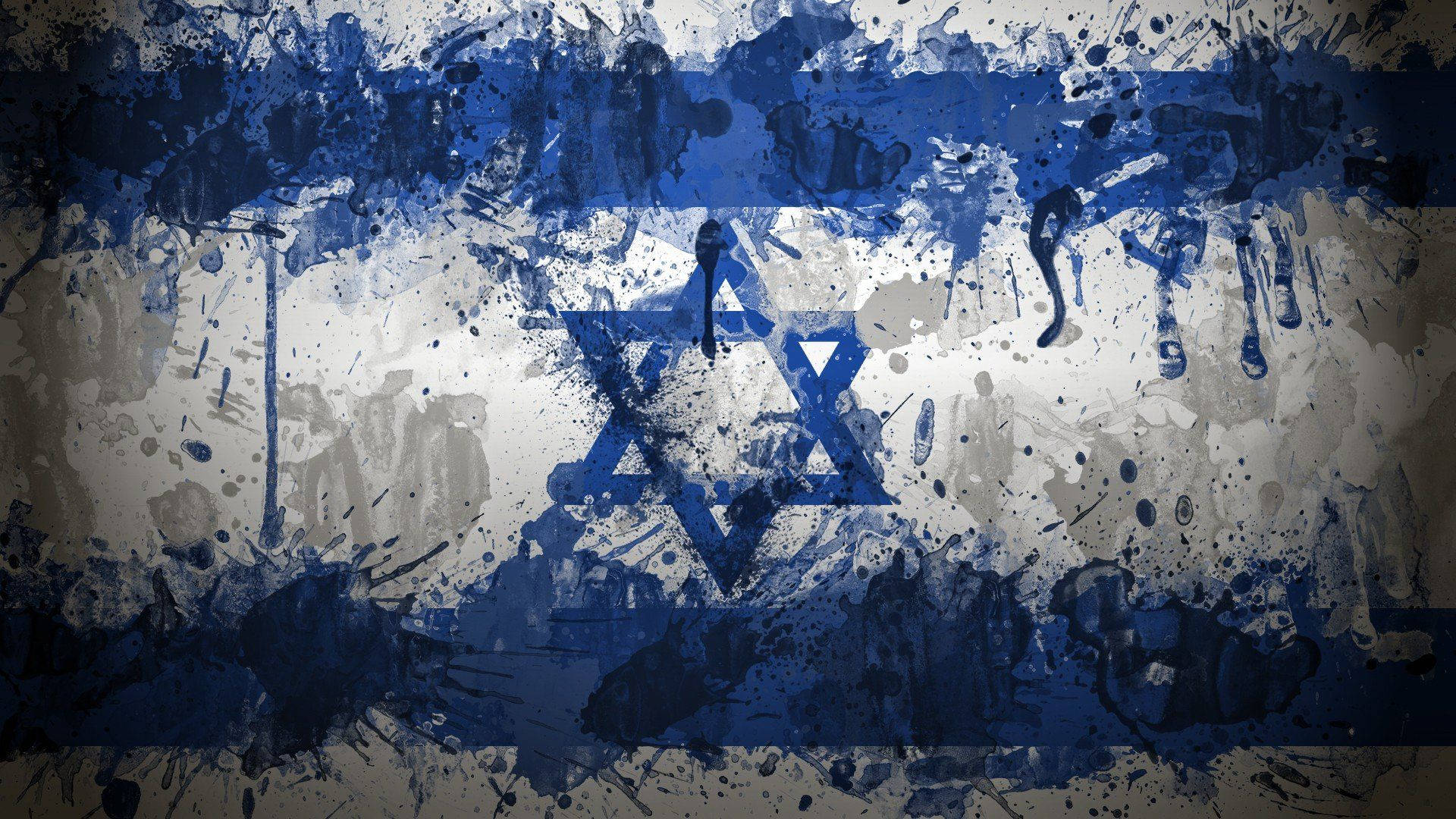 Israel Flag 桌布 壁紙 — 以色列國旗以大膽的藍色和白色油漆飛濺效果呈現，帶有紋理化的垃圾搖滾風格效果。