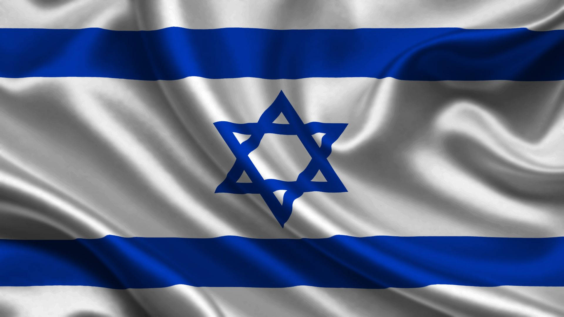 Israel Flag 桌布 壁紙 — 以色列國旗帶有藍色條紋和大衛之星，在白色背景上動態飄揚。