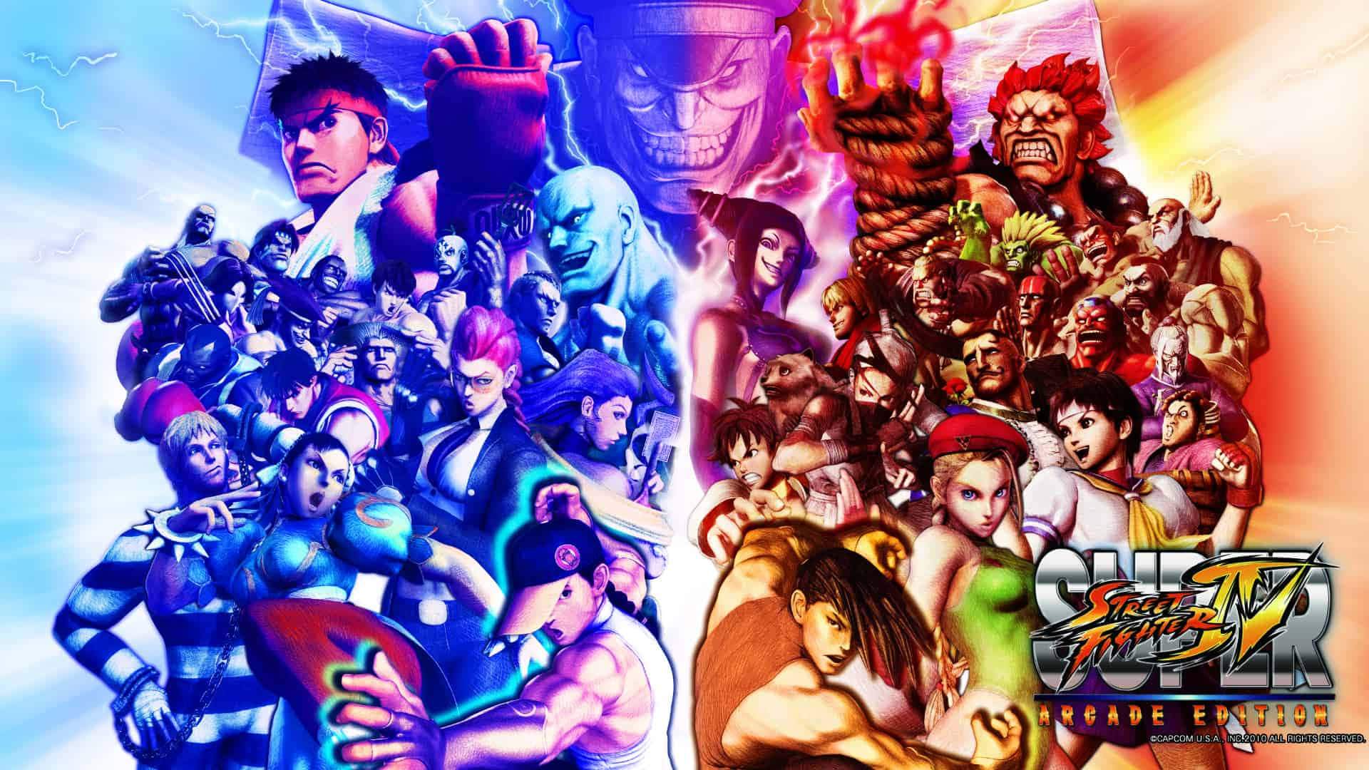 Fighting Games 桌布 壁紙 — 以色彩劃分的《快打旋風IV》角色動畫風格拼貼畫，充滿動態姿勢和發光效果。