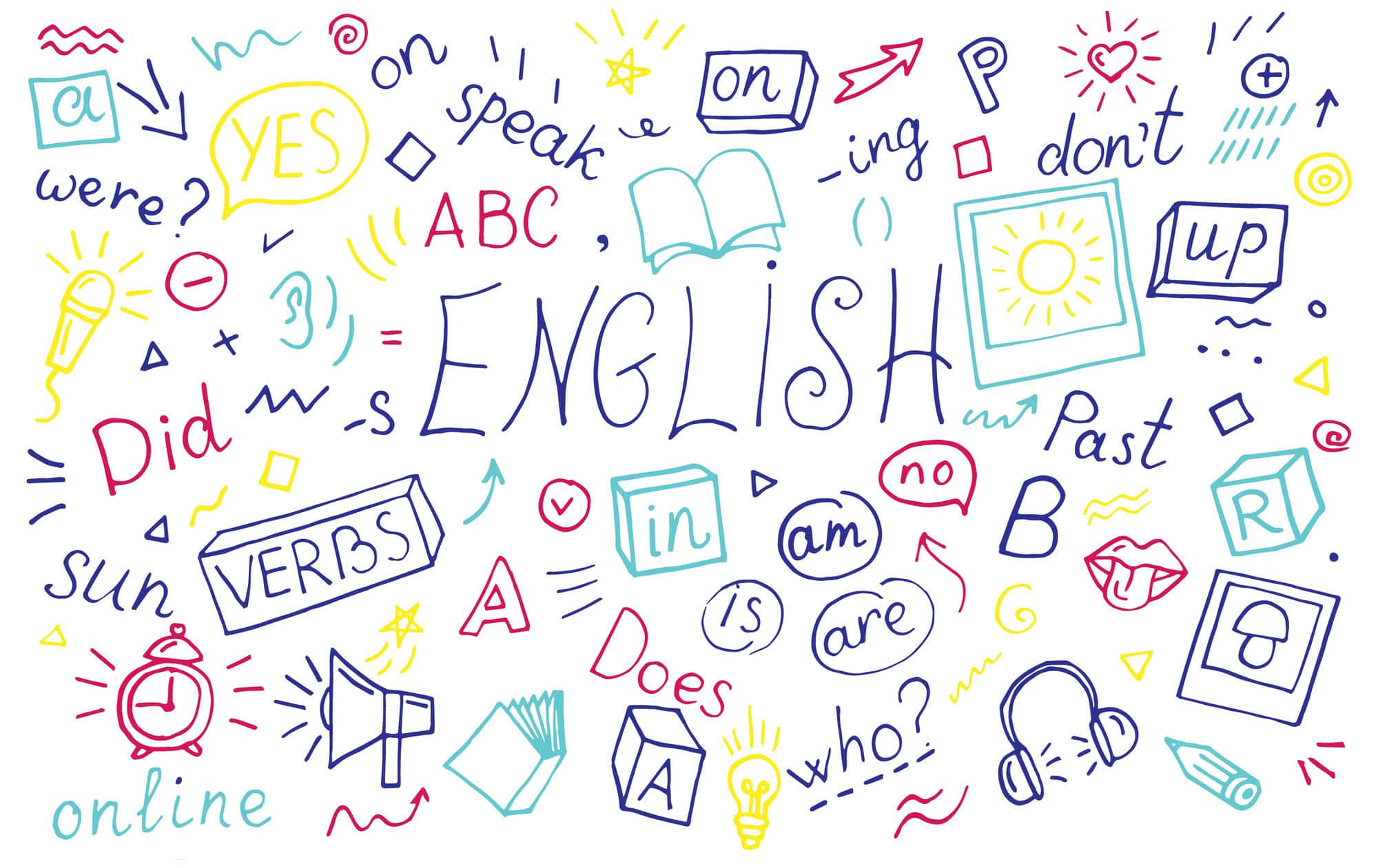 English 桌布 壁紙 — 以色彩繽紛混亂風格繪製的英語學習元素（如動詞時態和語法符號）的鮮明手繪塗鴉。