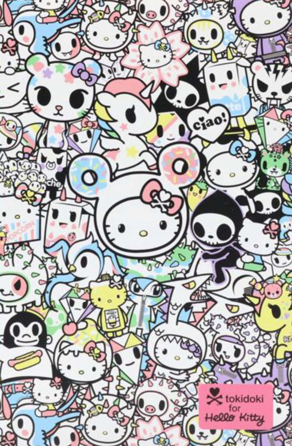 Hello Kitty 桌布 壁紙 — 以色彩繽紛的卡通風格呈現Hello Kitty和Tokidoki角色的充滿活力的混亂拼貼畫。