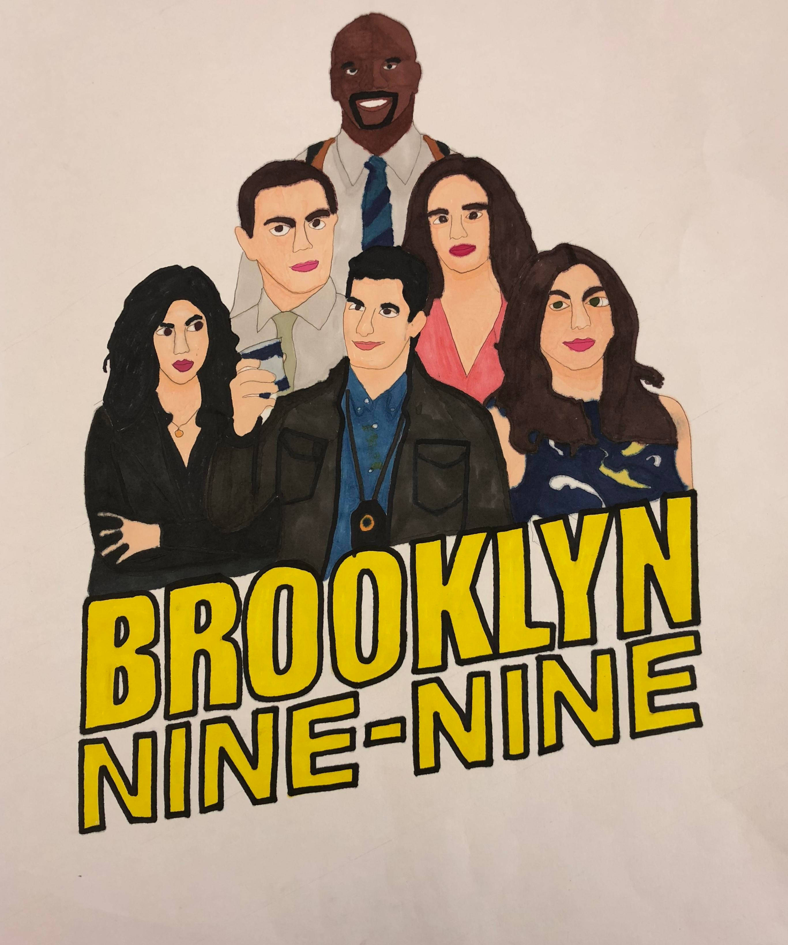Brooklyn 桌布 壁紙 — 以色彩繽紛的卡通風格手繪的《神煩警察》演員插圖，帶有粗體黃色標題。