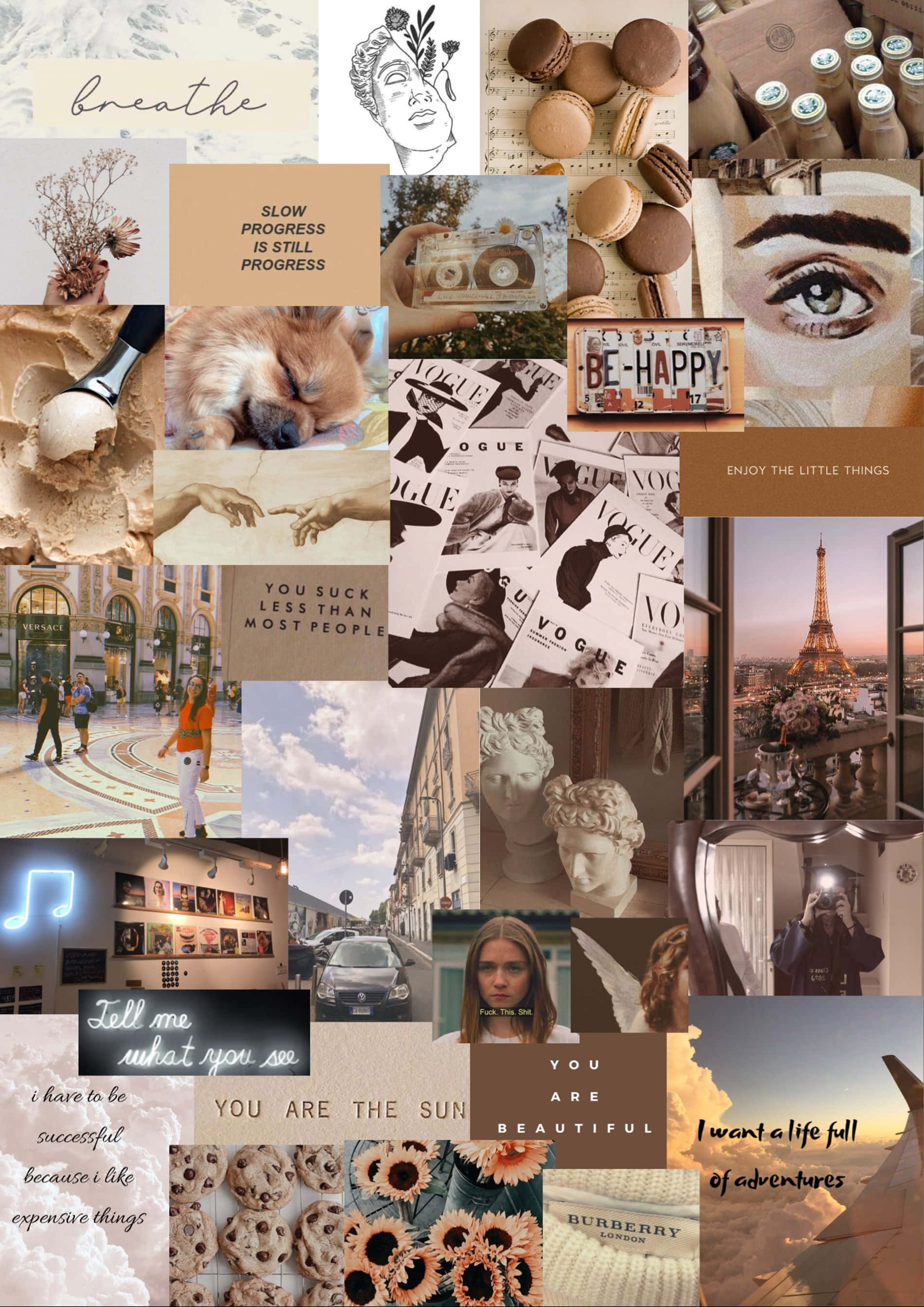 Cool Collage 桌布 壁紙 — 以艾菲爾鐵塔、馬卡龍和勵志文字為特色的復古照片、名言和生活風格圖像的美學拼貼。