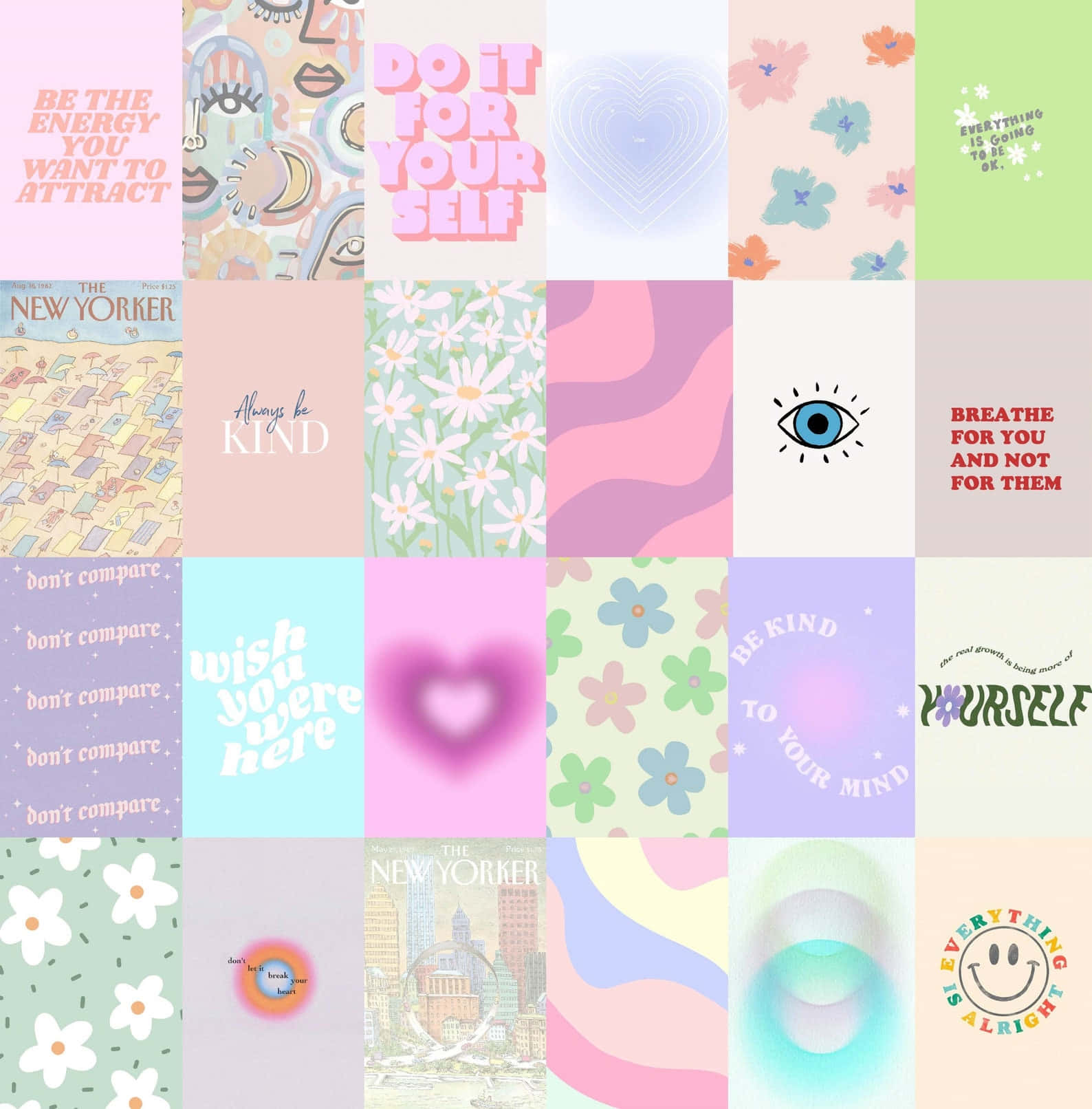 pastel 桌布 壁紙 — 以花朵、心形和眼睛為主題的粉彩勵志名言和抽象圖案拼貼畫。