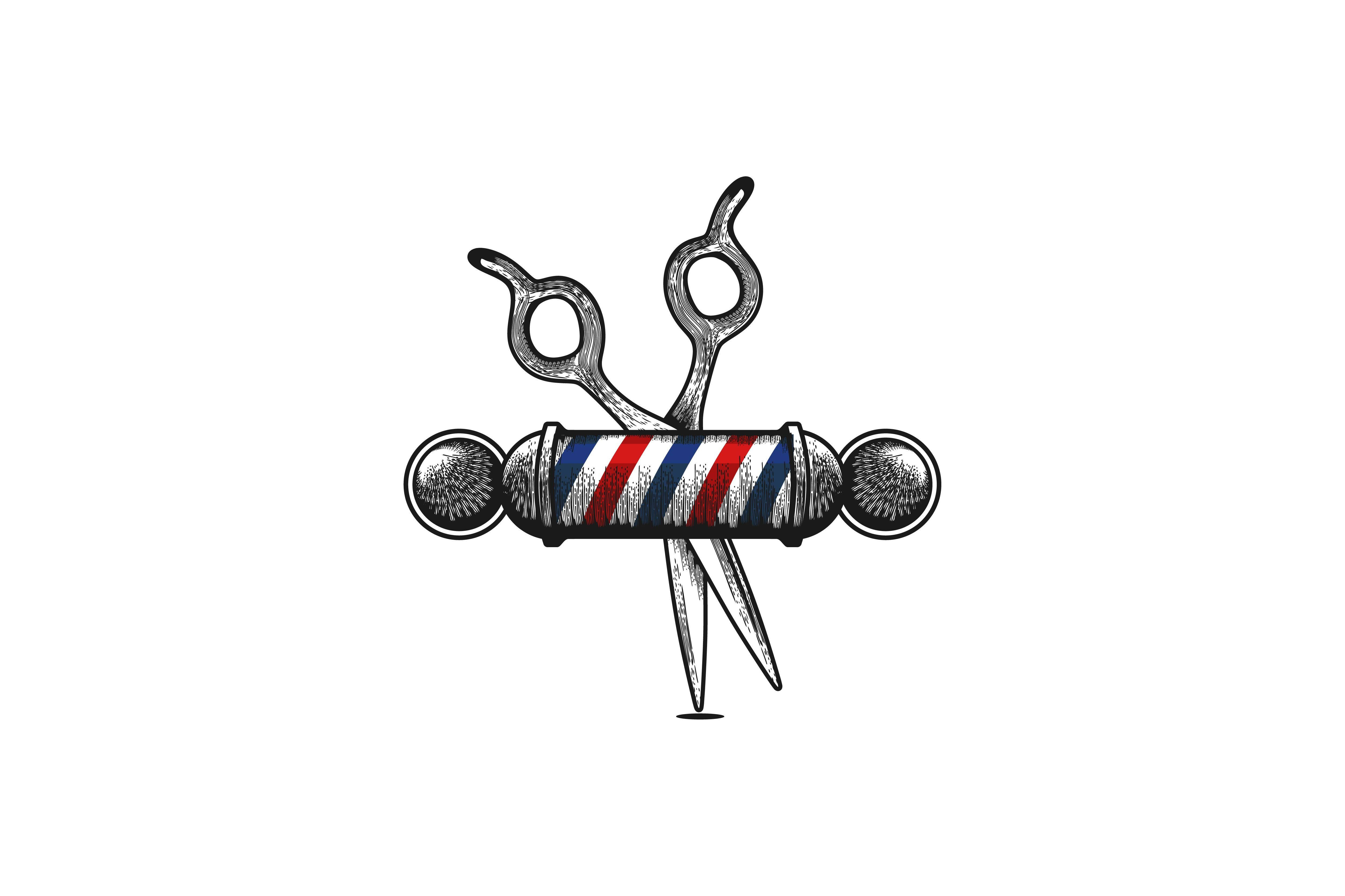 Barber 桌布 壁紙 — 以草圖風格繪製的復古理髮店標誌，包含交叉剪刀和紅白藍條紋柱。
