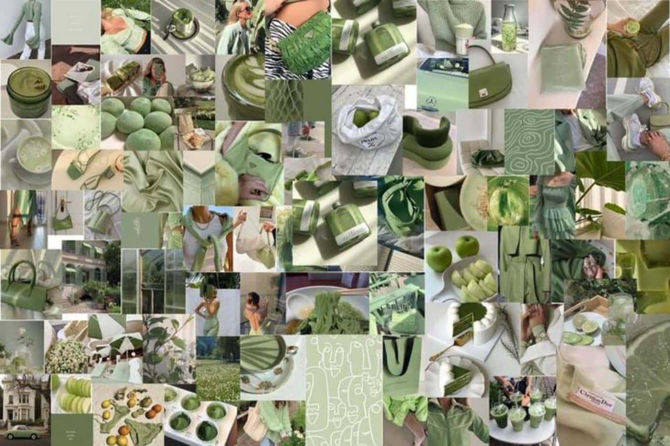 Aesthetic Sage Green 桌布 壁紙 — 以薄荷綠色時尚配件、食物和生活方式物品組成的充滿活力的拼貼畫，呈現時尚美學。