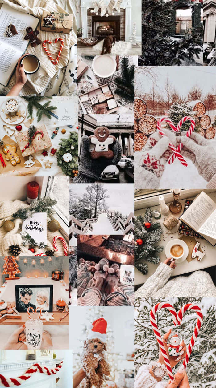 Winter Aesthetic Collage 桌布 壁紙 — 以薑餅、雪、可可和暖色調節日裝飾為特色的舒適冬季假期拼貼畫。