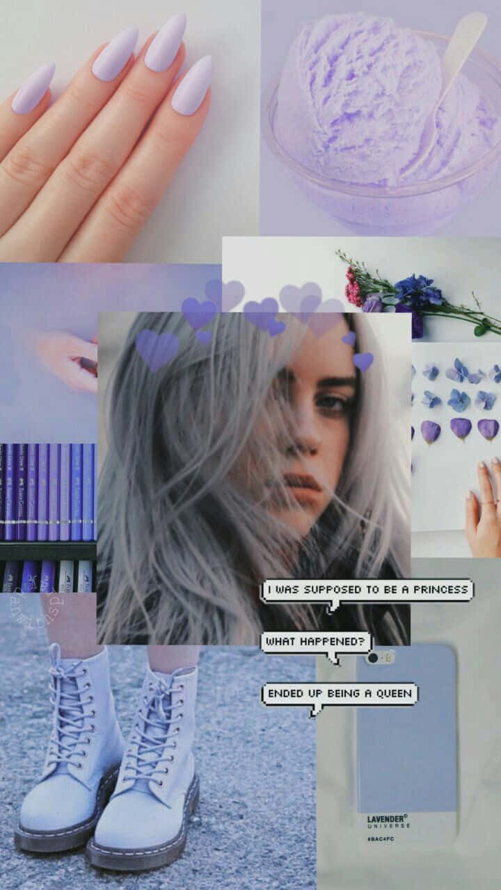Billie Eilish Purple 桌布 壁紙 — 以薰衣草為主題的拼貼畫，特色是蒼白的手、指甲、冰淇淋、花朵、靴子和一個灰髮女孩及文字疊加。