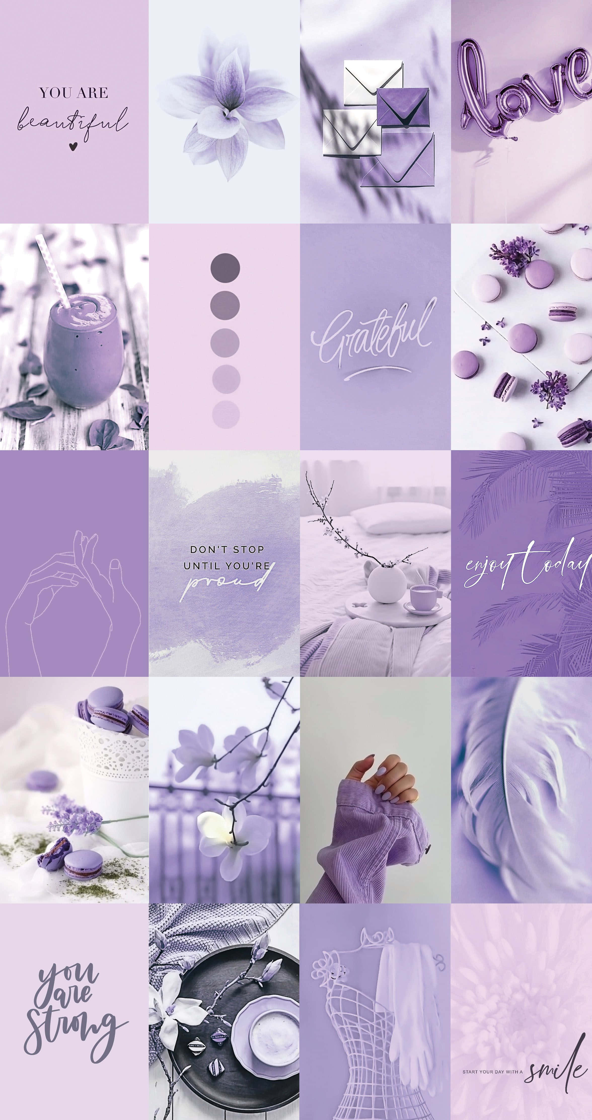 Purple Aesthetic Collage 桌布 壁紙 — 以薰衣草為主題的舒緩拼貼畫，包含花朵、馬卡龍、手寫肯定語句和柔和的粉彩質感，呈現夢幻美學。