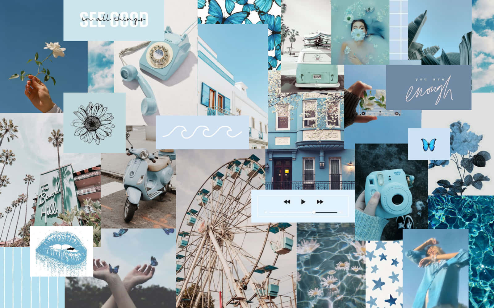 Aesthetic Blue Collage 桌布 壁紙 — 以藍色為主題的鮮豔拼貼畫，包含復古物品、棕櫚樹、摩天輪和勵志語錄，呈現夢幻美學。
