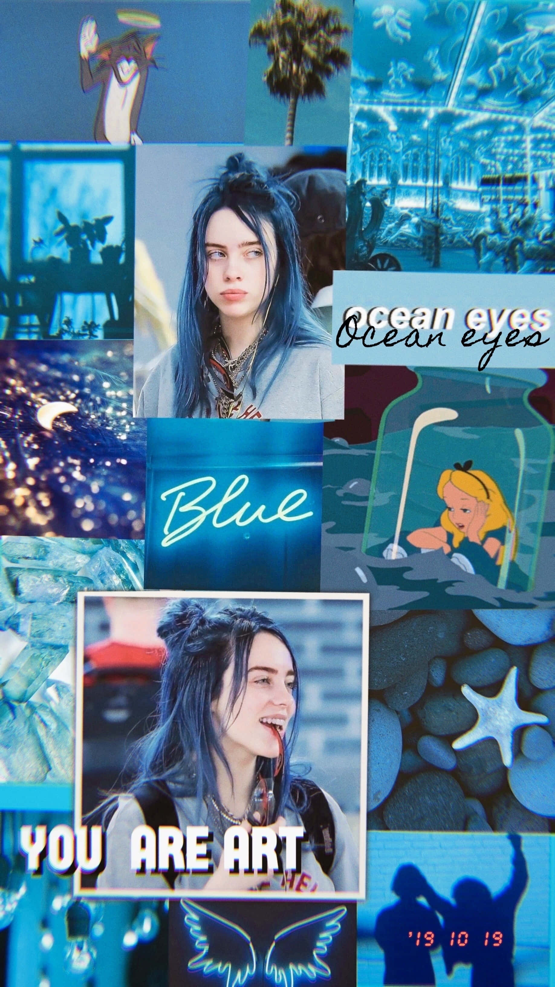 藍色 桌布 壁紙 — 以藍色調拼貼畫呈現，包含 Billie Eilish、海洋場景、動漫角色和文字疊加，風格夢幻藝術。