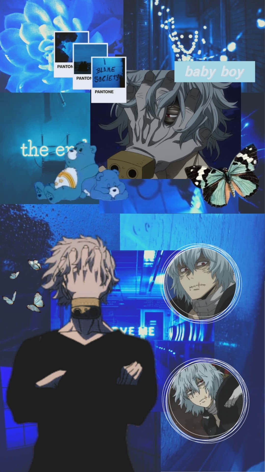 My Hero Academia Aesthetic 桌布 壁紙 — 以藍色調為主的動漫拼貼畫，中央角色配有蝴蝶和彩通色票，背景為發光的數位背景。
