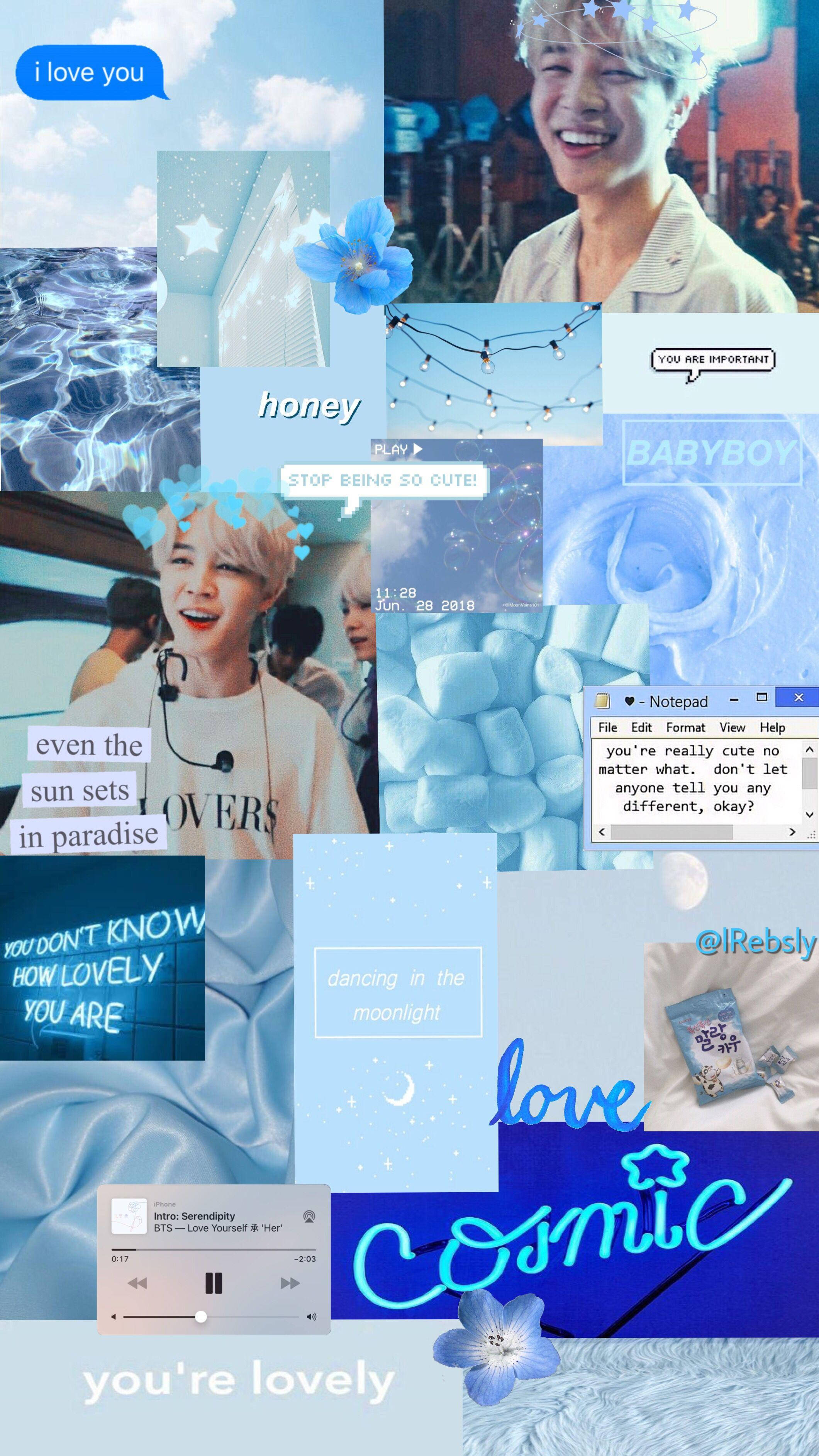 Jimin Aesthetic 桌布 壁紙 — 以藍色調為主的夢幻BTS粉絲藝術拼貼，帶有文字疊加和數位元素。
