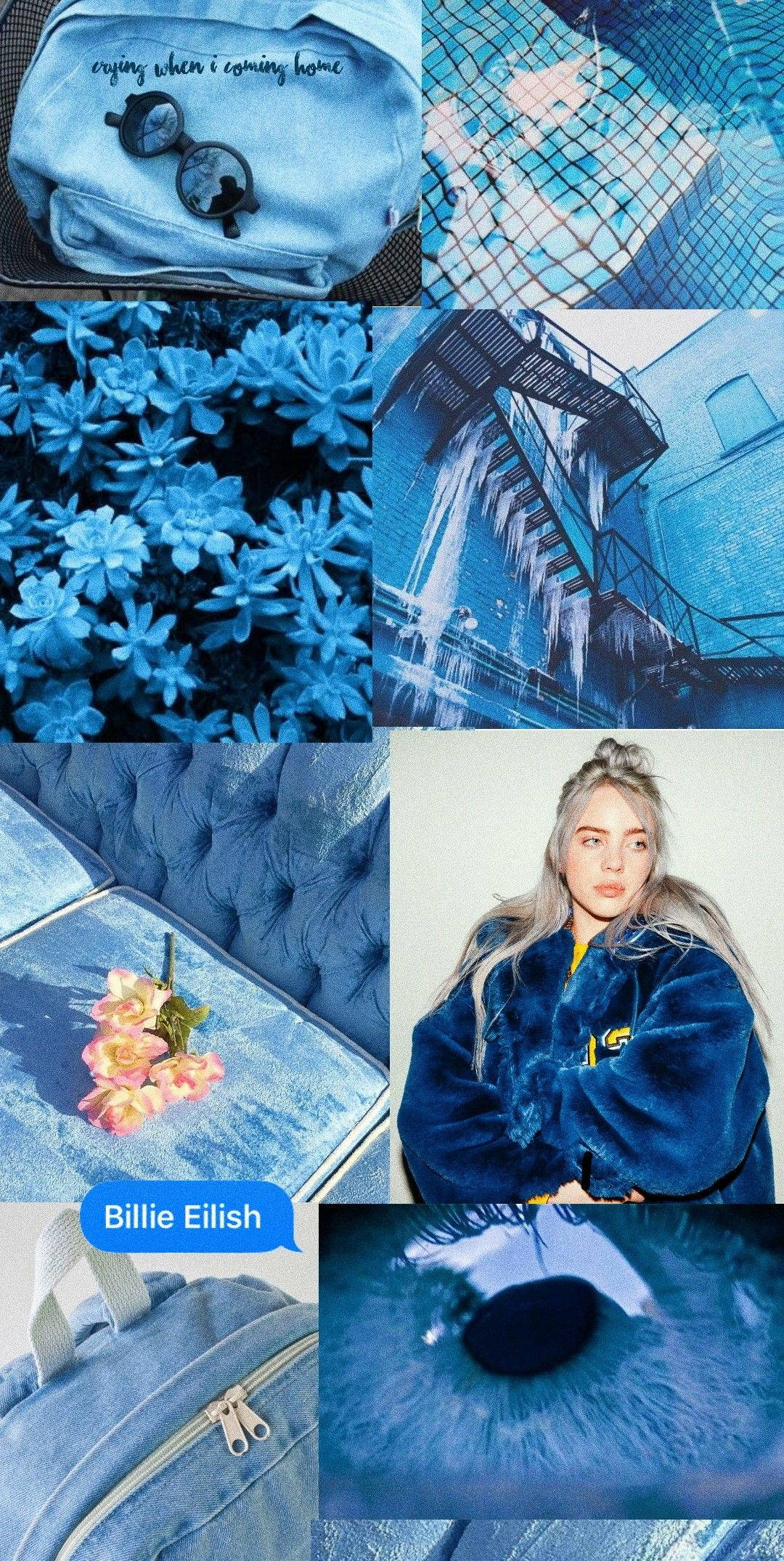 桌布 壁紙 — 以藍色調為主的拼貼畫， featuring Billie Eilish、多肉植物、背包、眼睛和城市紋理，營造出陰鬱的美感。