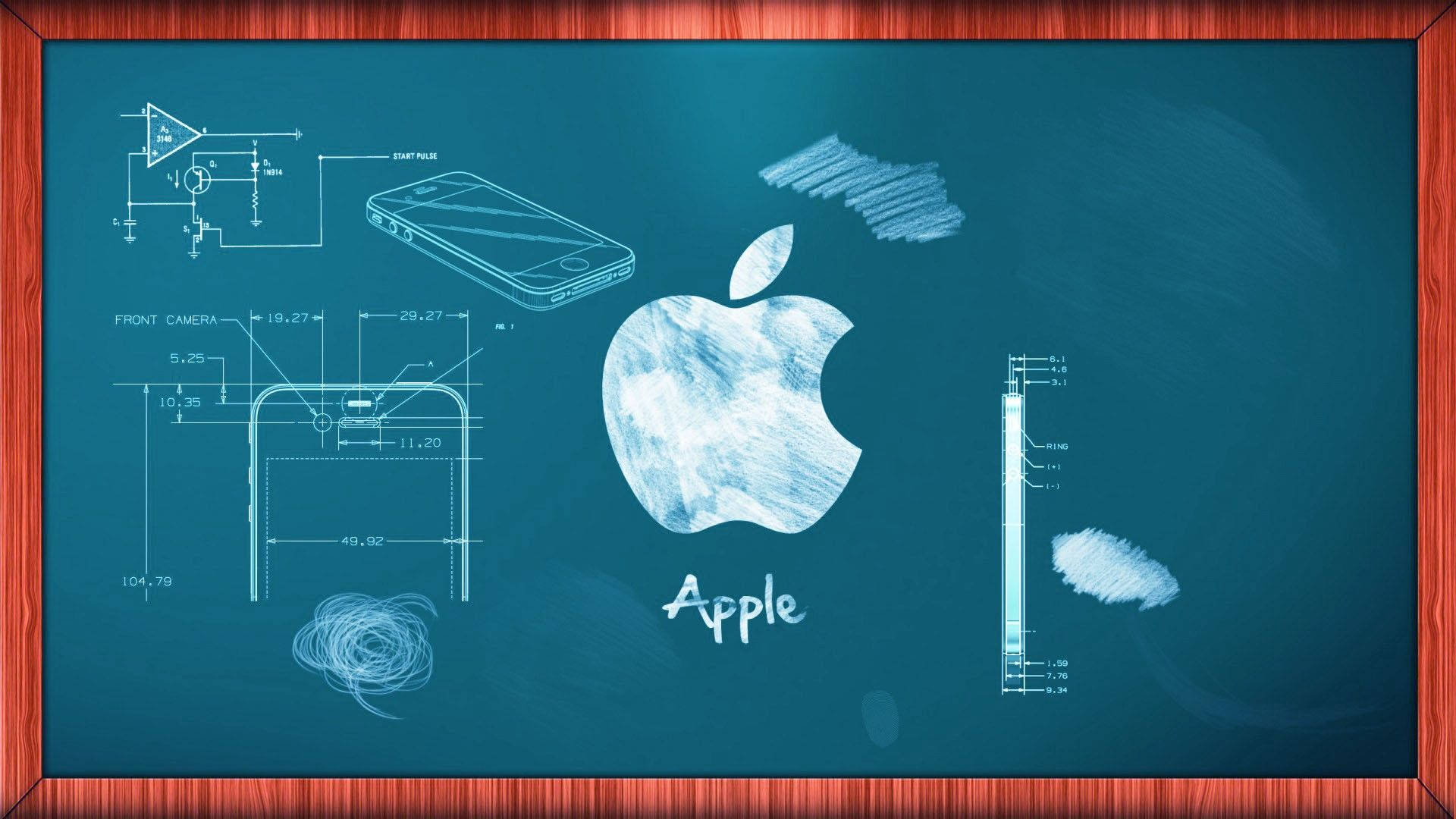 學校 桌布 壁紙 — 以藍色黑板和木框繪製的 iPhone 及 Apple 標誌藍圖風格技術圖紙。