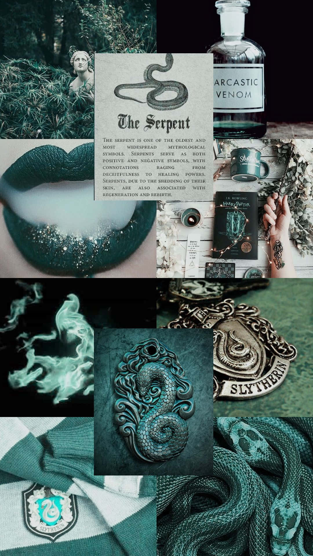 Slytherin Phone 桌布 壁紙 — 以蛇、史萊哲林標誌、藥水瓶和神秘工藝品為主題的深綠色哥德風格拼貼畫。