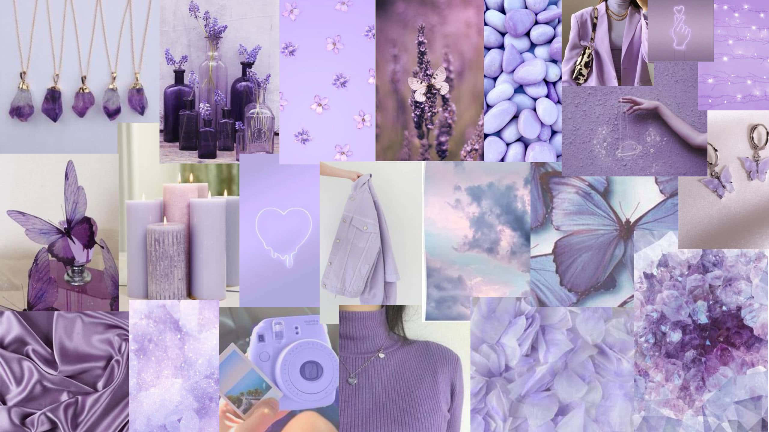 Purple Aesthetic Collage 桌布 壁紙 — 以蝴蝶、水晶、珠寶和柔和粉彩質感呈現的夢幻薰衣草主題拼貼畫，風格和諧統一。