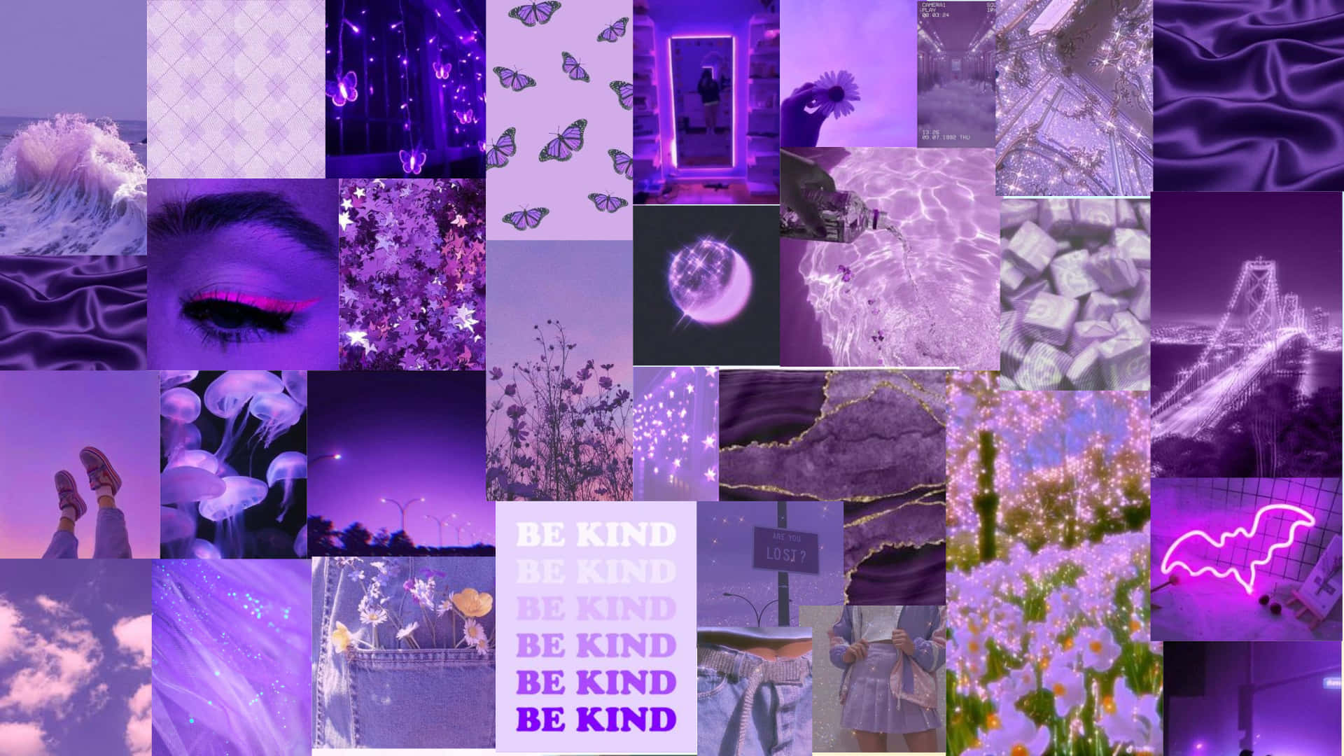 Purple Aesthetic Collage 桌布 壁紙 — 以蝴蝶、波浪、眼睛、花朵和霓虹燈牌為特色的紫色夢幻美學拼貼畫。
