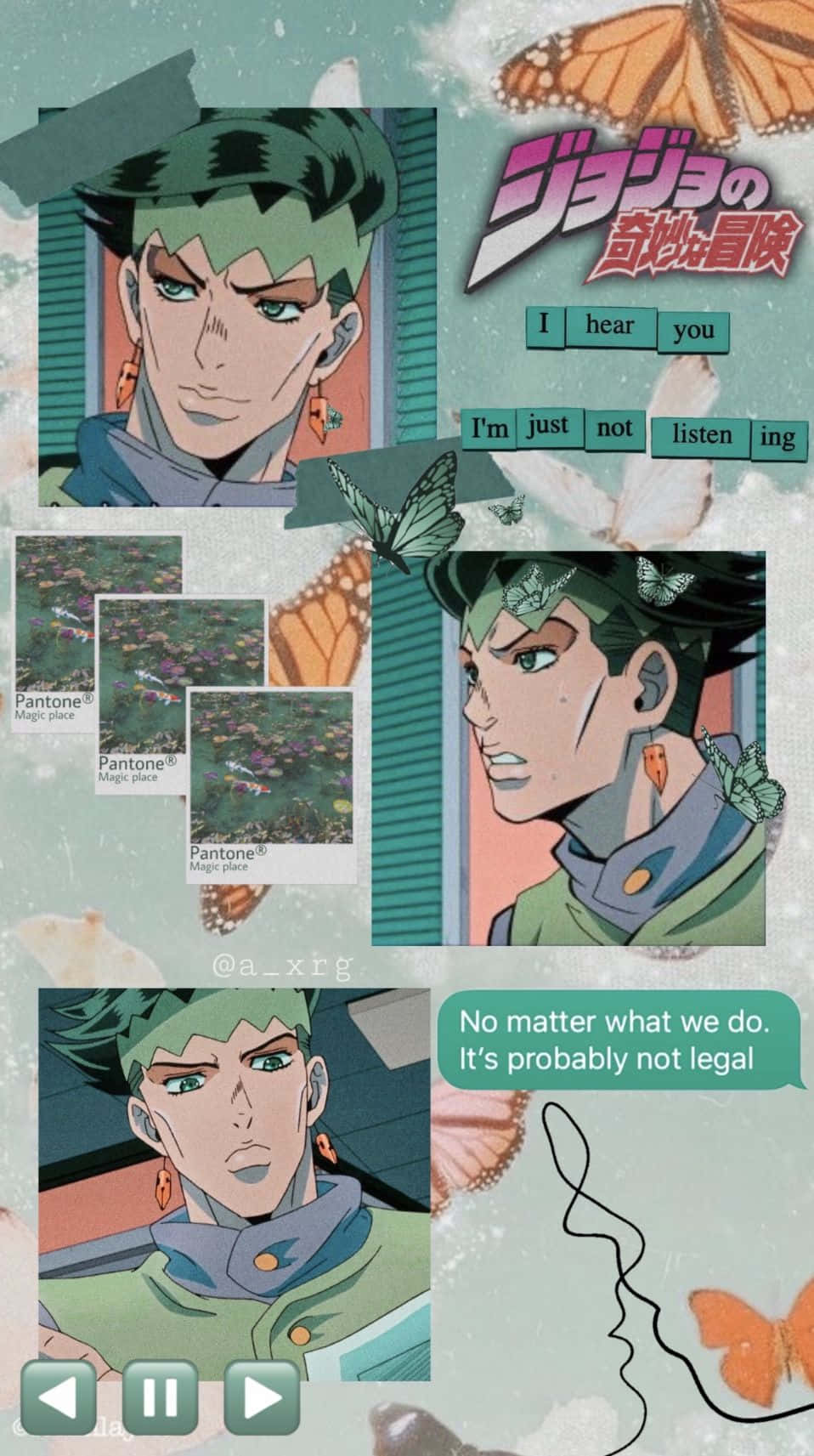 Rohan Kishibe 桌布 壁紙 — 以蝴蝶和 Pantone 色票點綴的東方仗助動漫拼貼畫，背景為青綠色。