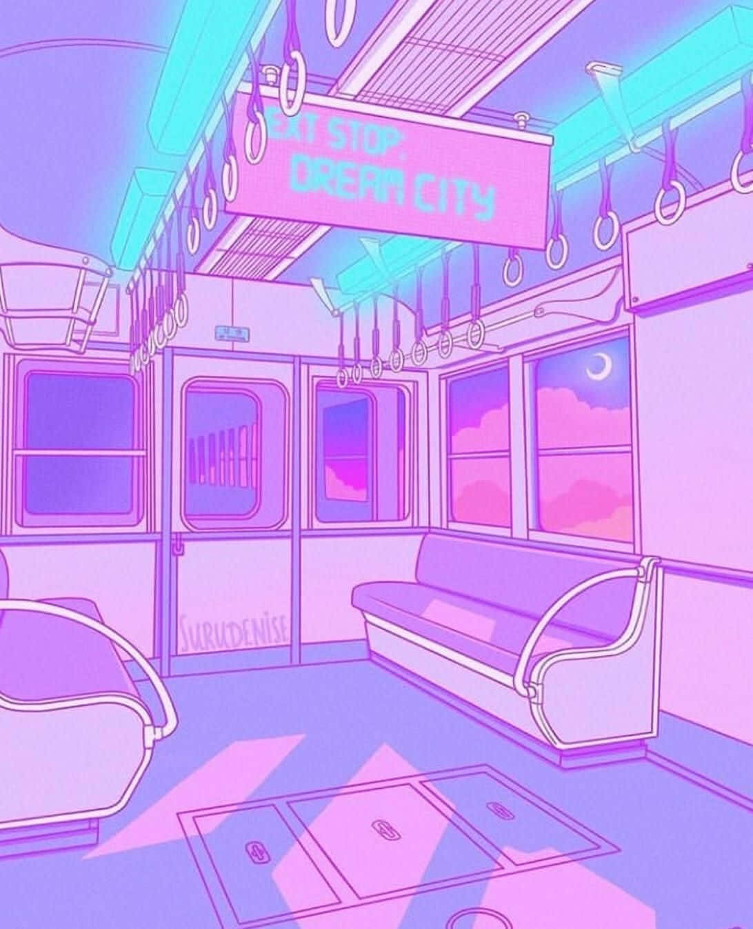Lofi Chill 桌布 壁紙 — 以螢光粉紅和青色繪製的地鐵車廂內部，車窗可見「NEXT STOP DREAM CITY」標誌和彎月。