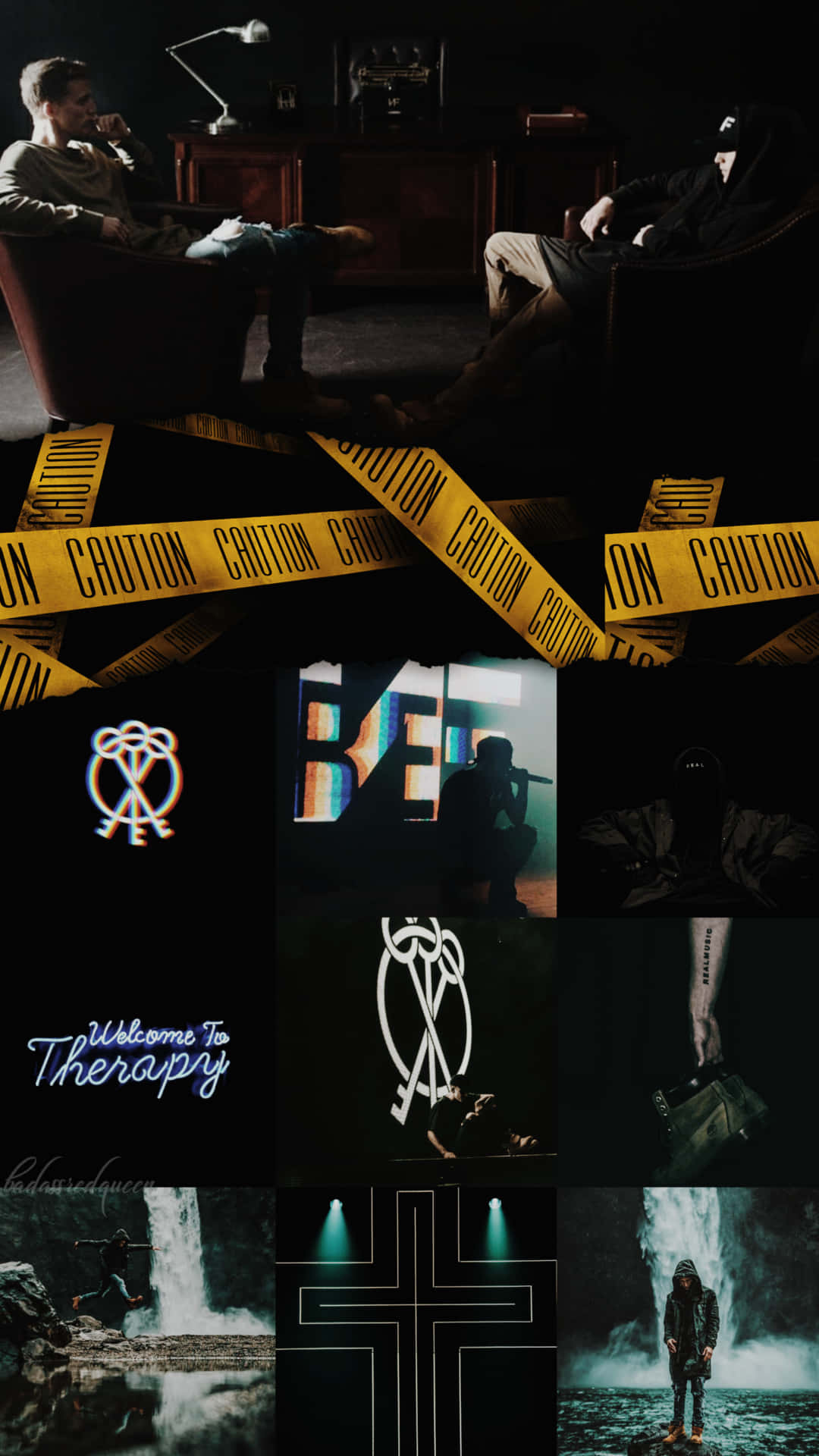 Nf Rapper 桌布 壁紙 — 以警告膠帶、霓虹燈牌和孤獨人物在戲劇性燈光下為主題的黑暗情緒化治療拼貼畫。