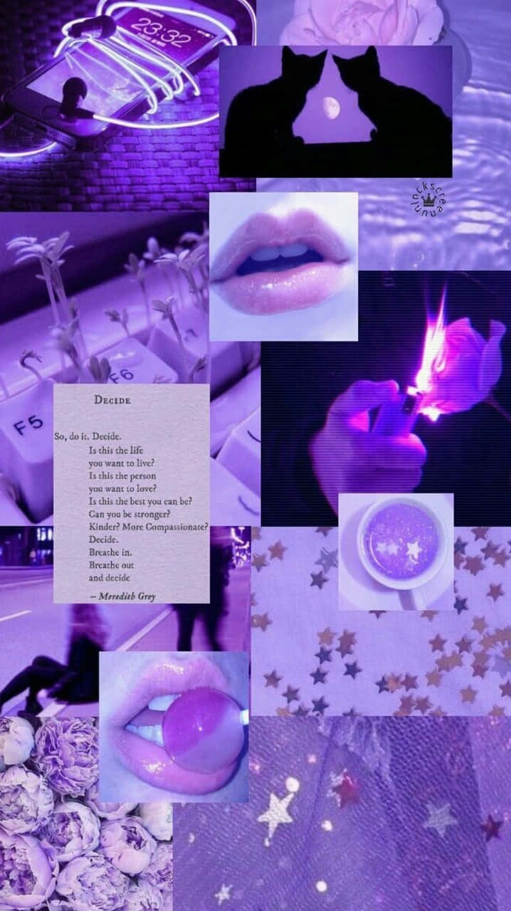 Witch Aesthetic 桌布 壁紙 — 以貓咪、嘴唇、蠟燭和勵志文字為特色的夢幻紫色拼貼畫，帶有憂鬱美學。