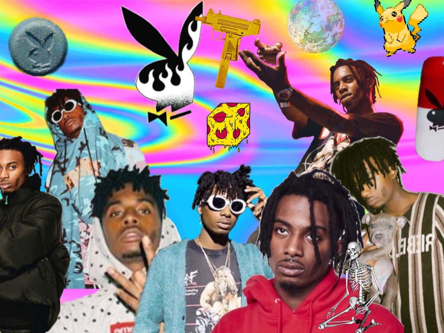 桌布 壁紙 — 以迷幻彩虹漩渦背景為襯托，饒舌歌手與流行文化圖標的鮮明拼貼。