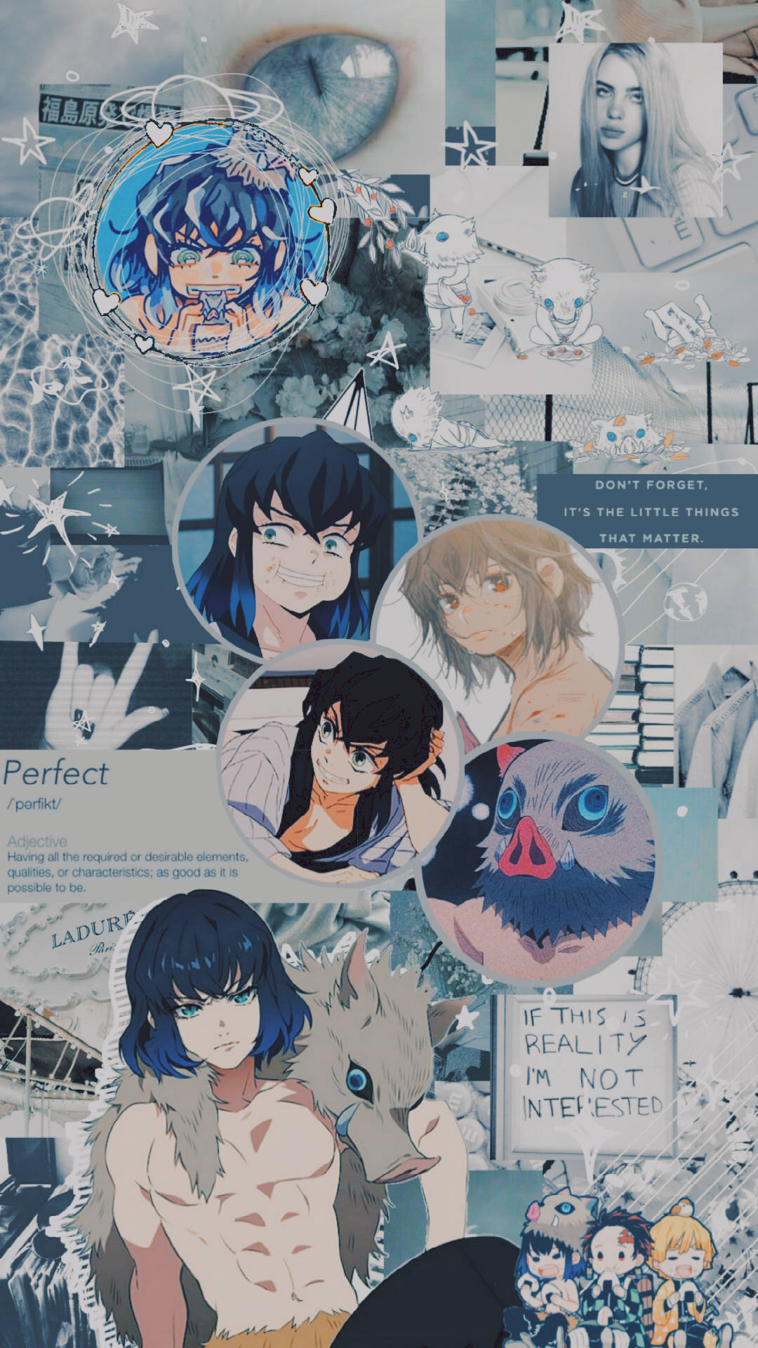 Demon Slayer Aesthetic 桌布 壁紙 — 以酷炫的藍色和灰色色調，搭配星星圖案和文字疊加的動漫角色與語錄拼貼。
