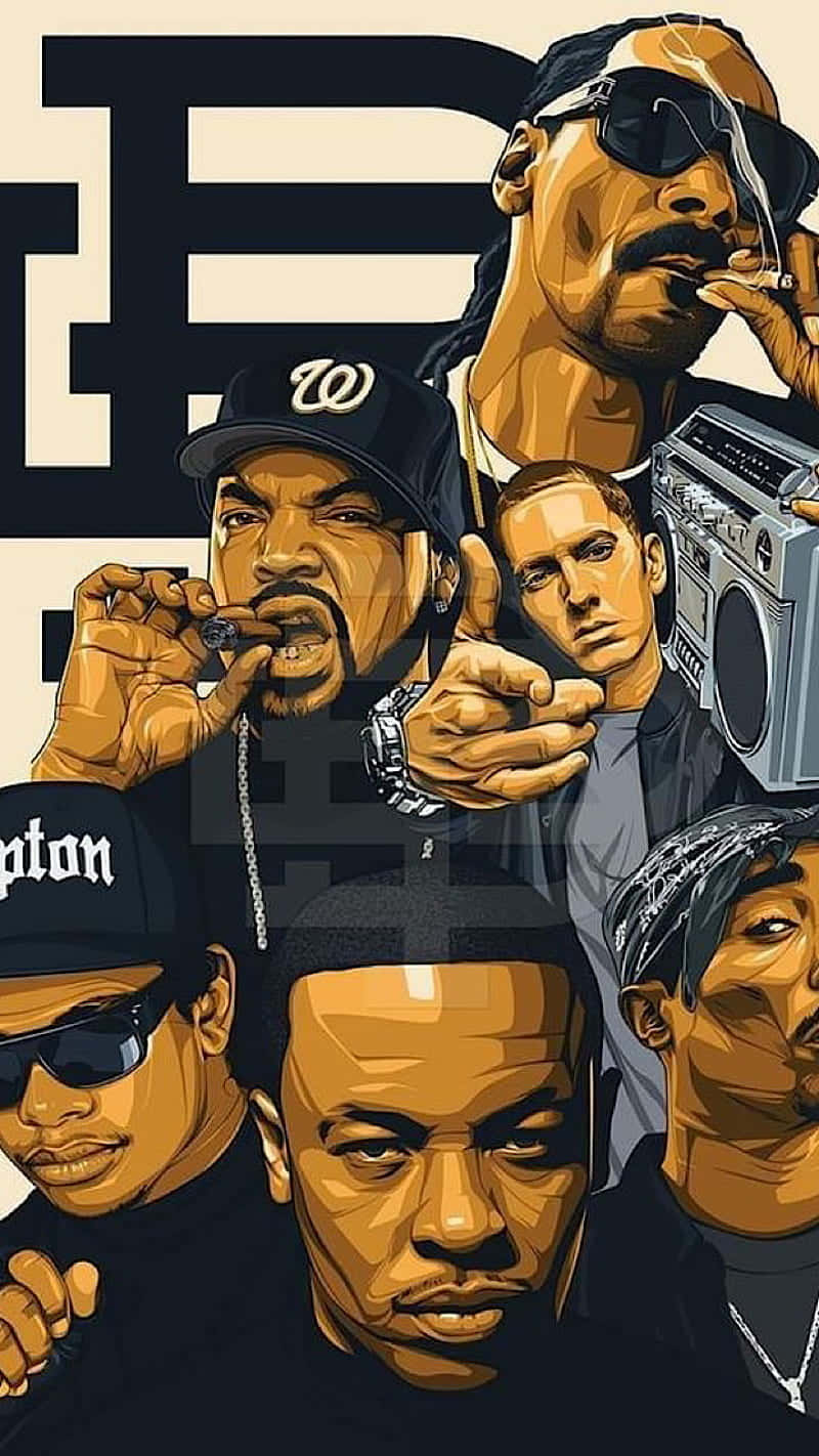 Rapper Cartoon 桌布 壁紙 — 以金色色調繪製的標誌性嘻哈藝術家大膽插圖拼貼畫，背景為時尚的黑色和米色。