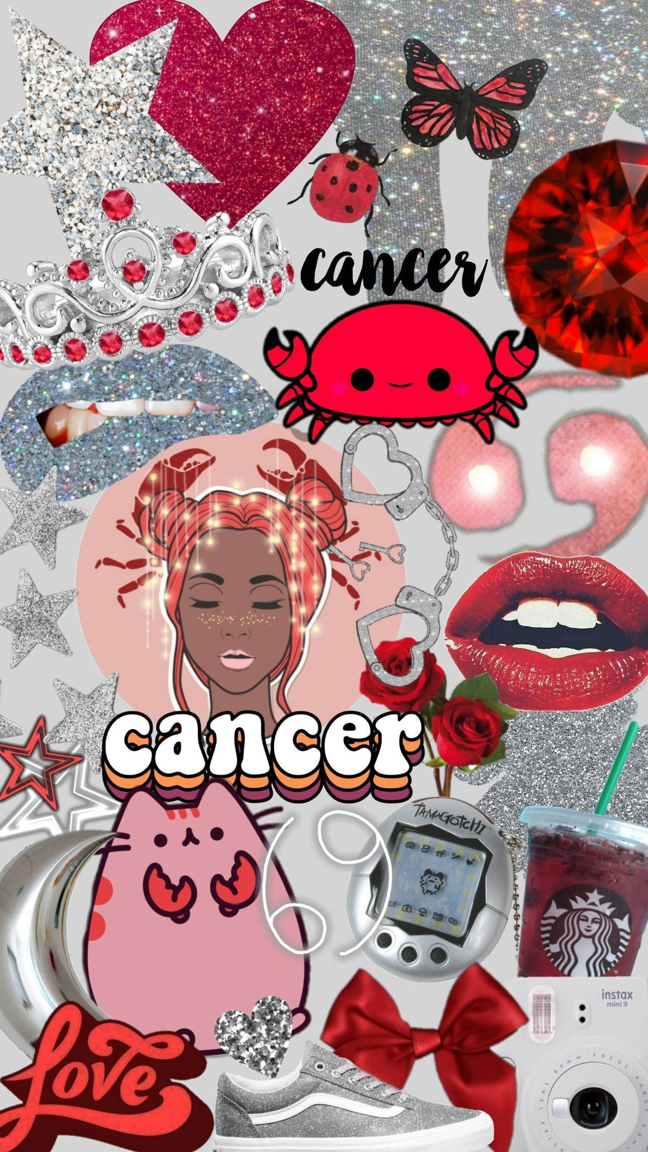Cancer Aesthetic 桌布 壁紙 — 以銀色背景為襯托，帶有紅蟹、心形、嘴唇和流行文化元素的閃亮巨蟹座拼貼畫。