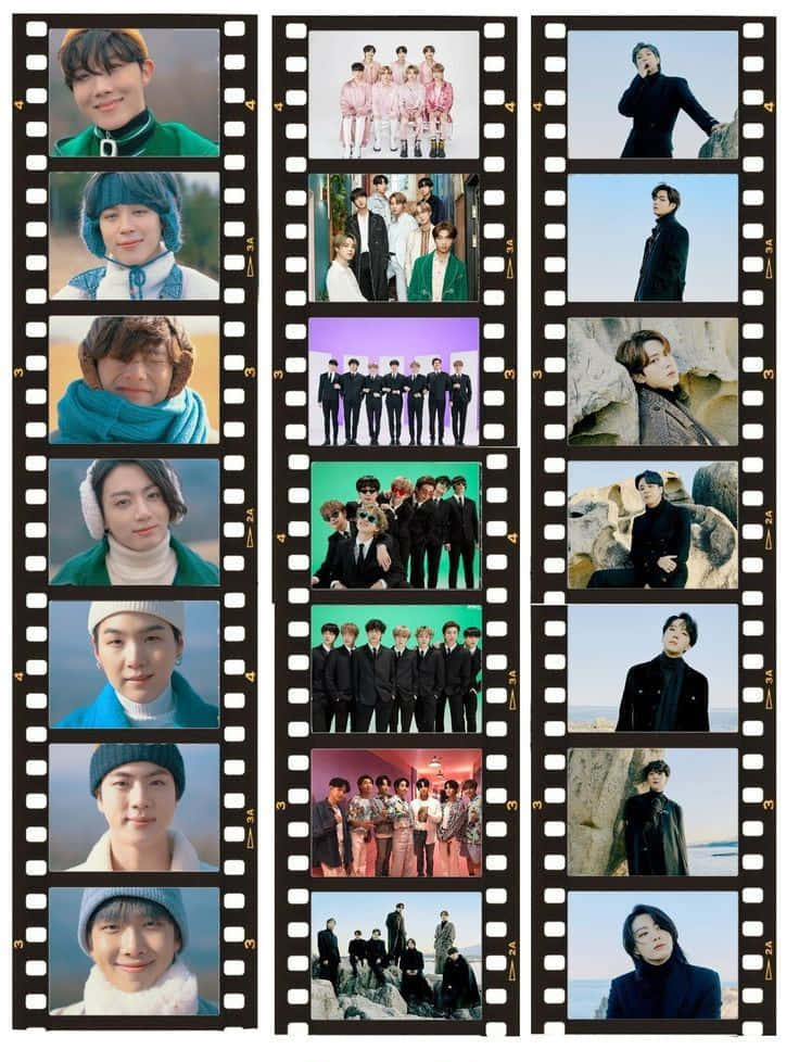Big Hit Entertainment 桌布 壁紙 — 以雪地和岩石為背景，穿著冬季服裝的K-pop偶像擺姿勢的底片條拼貼畫。