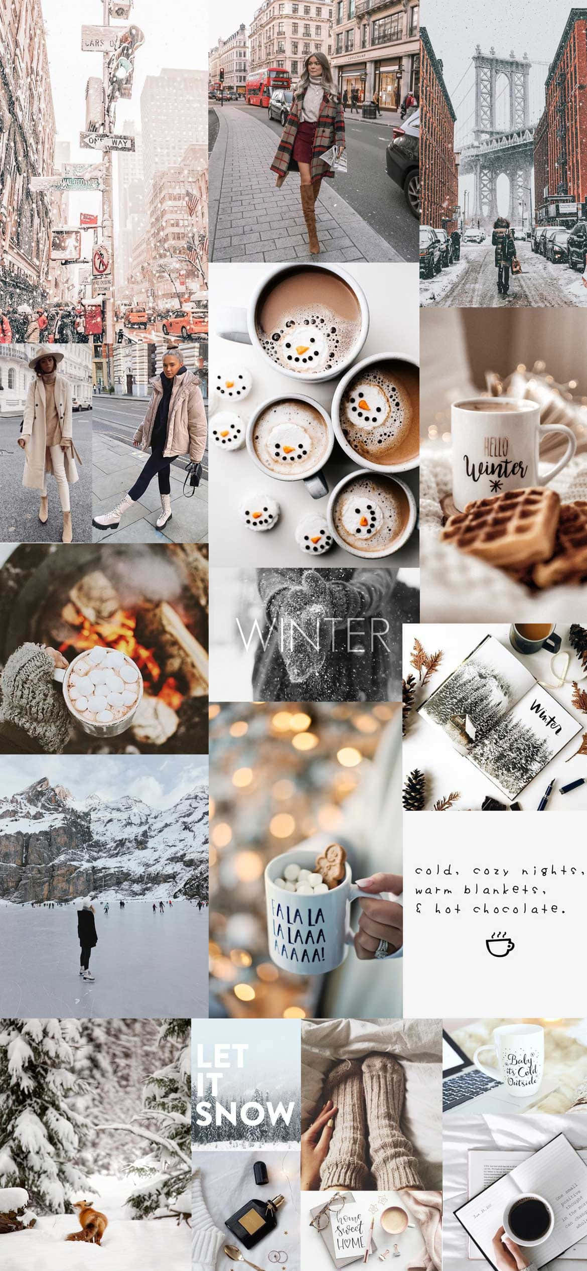 Winter Aesthetic Collage 桌布 壁紙 — 以雪景城市街道、舒適飲品和節日元素為特色的冬季主題拼貼畫。