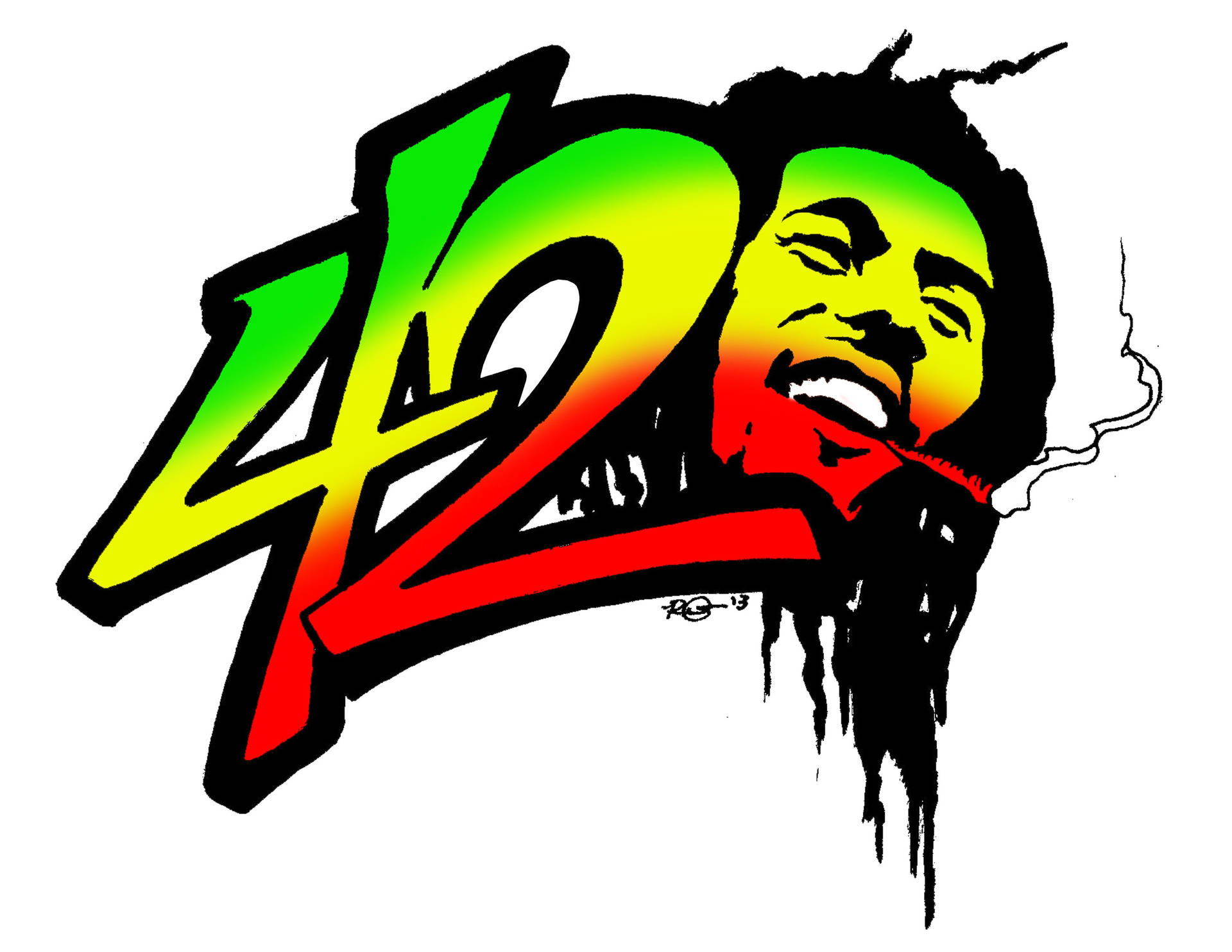 帶有雷鬼色彩 42 號的 Bob Marley 插圖，正在抽大麻煙。 — 大麻 壁紙