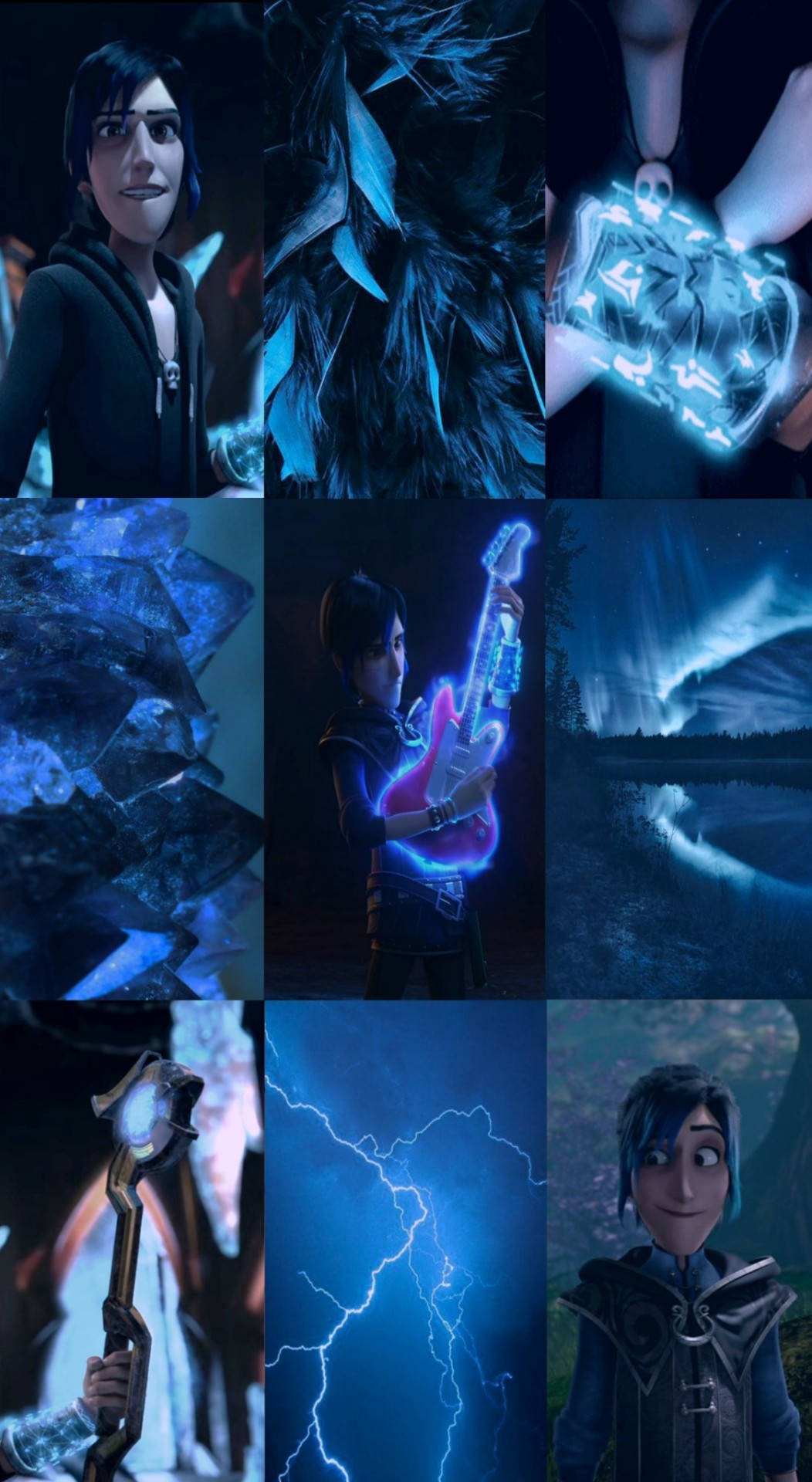 trollhunters tales of arcadia 桌布 壁紙 — 以電光藍色調為主導的動畫場景拼貼，角色擁有發光的魔法物品和暴風雨的天空。