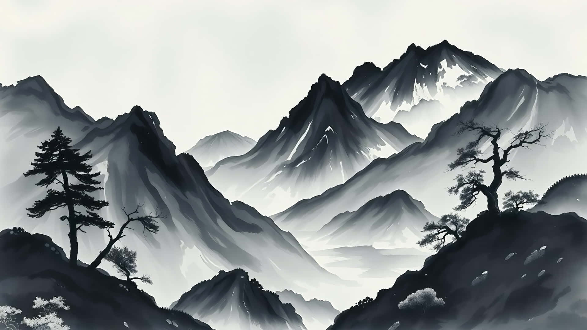 Minimalist ink Mountains Landscape 壁紙 — 以霧氣瀰漫的天空為背景，層巒疊嶂的山峰上點綴著稀疏松樹的水墨畫。