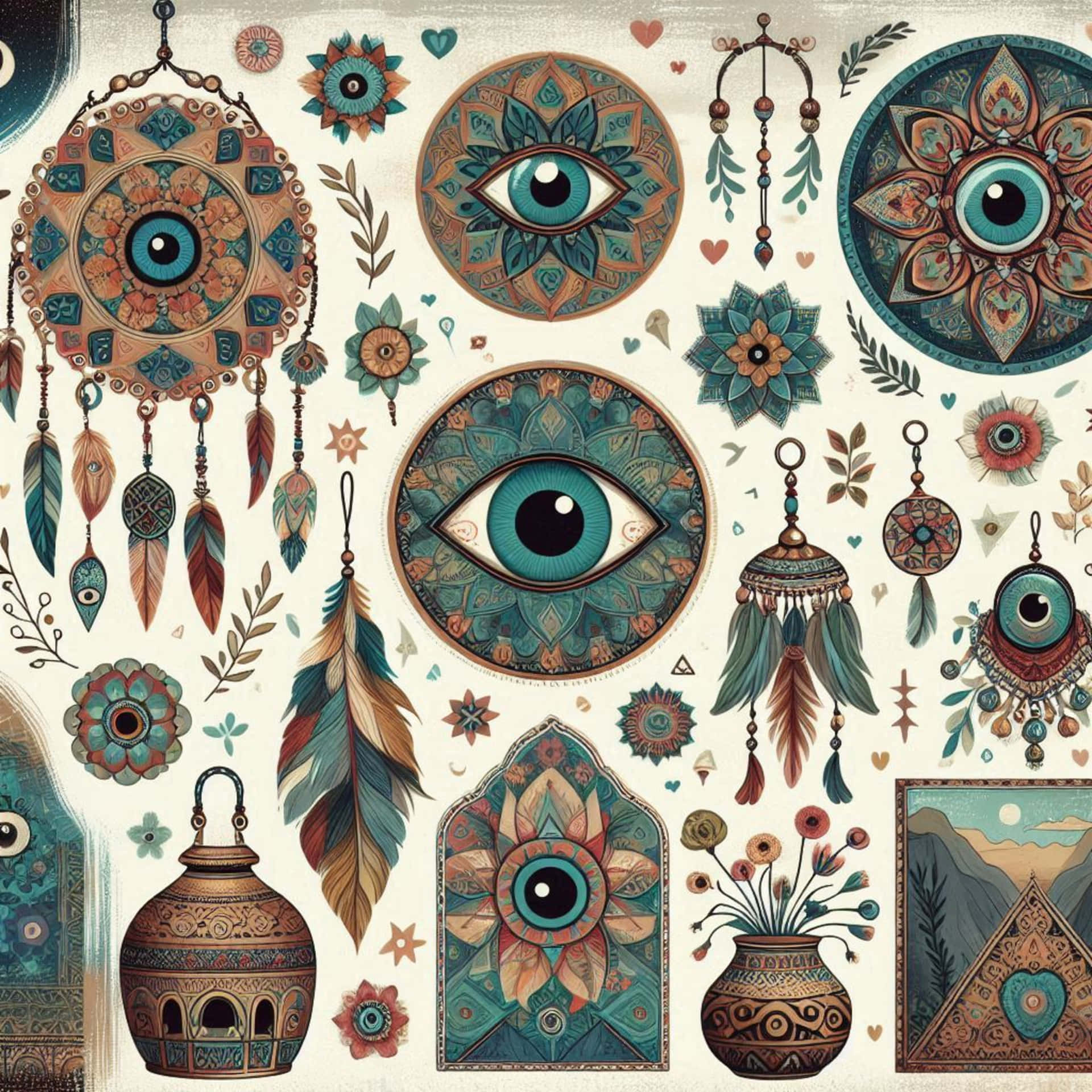 Greek Eye Boho Set 壁紙 — 以青綠色、陶土色和金色裝飾的捕夢網和曼陀羅風格眼睛拼貼在奶油色背景上。