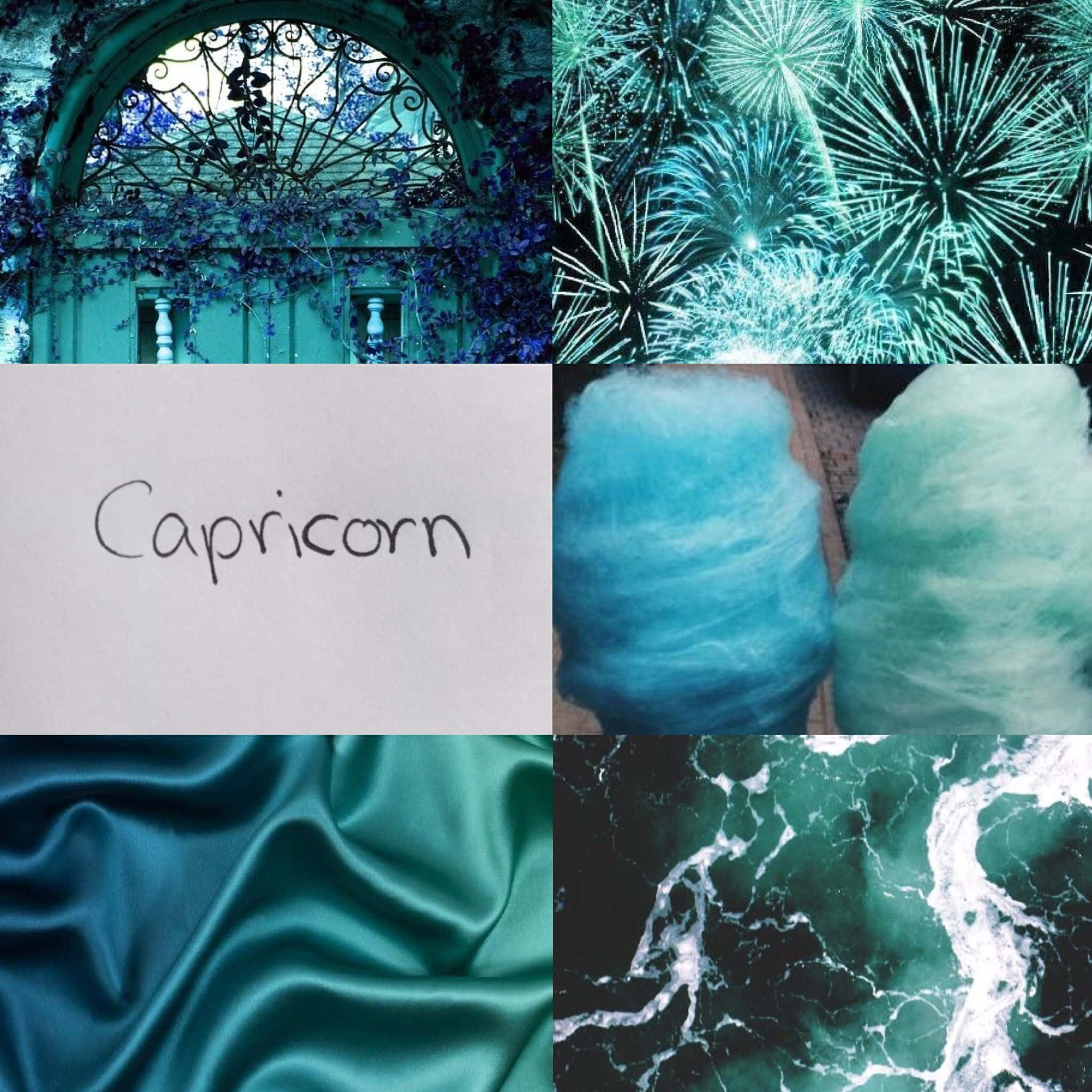 Capricorn Aesthetic 桌布 壁紙 — 以青綠色為主題的拼貼畫，包含華麗的拱門、棉花糖、絲綢布料和大理石紋理，並帶有手寫的摩羯座標籤。