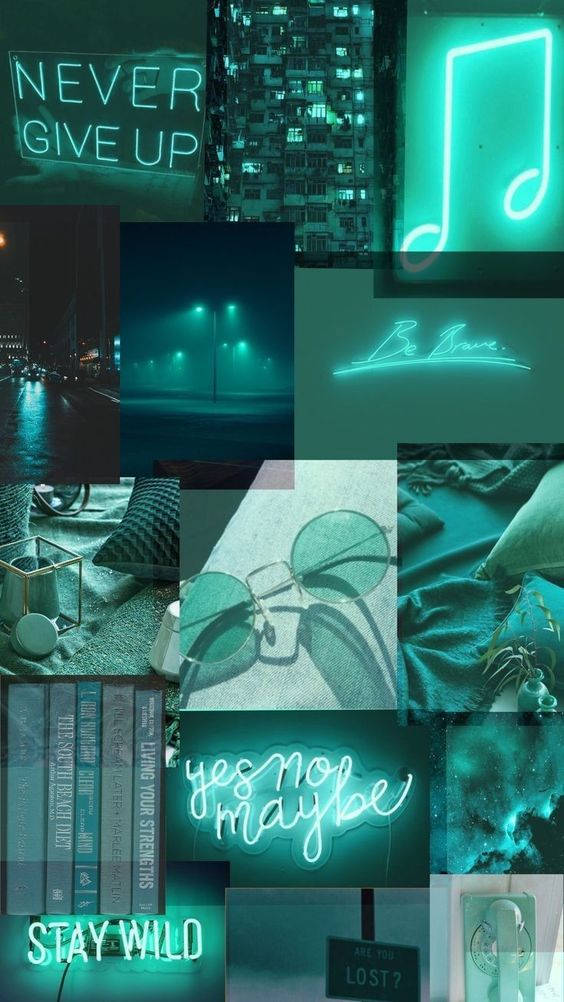 dark neon iPhone 桌布 壁紙 — 以青綠色調呈現的霓虹燈牌勵志語錄與城市夜景拼貼，包含太陽眼鏡和書籍。