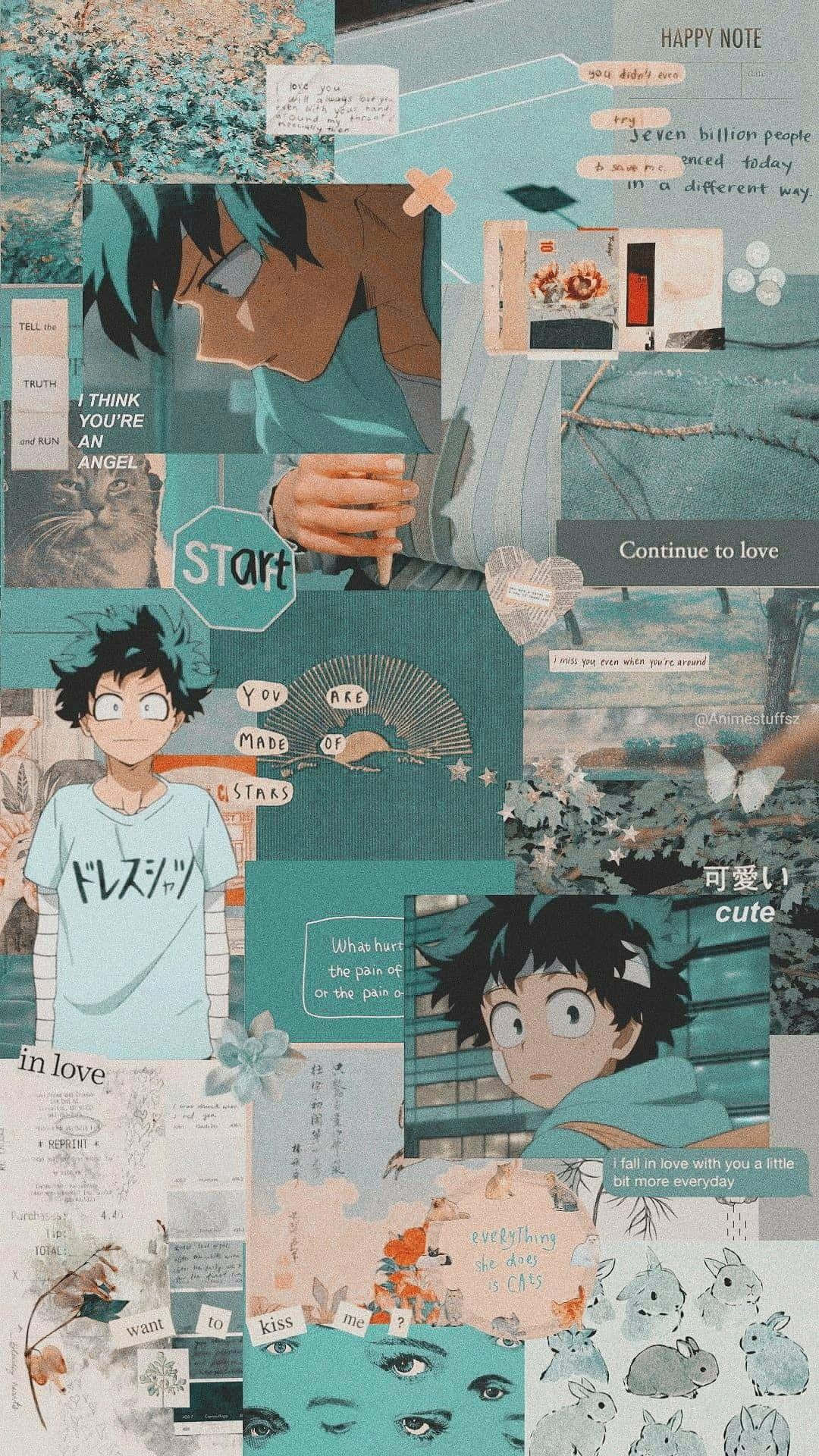 Deku Phone 桌布 壁紙 — 以青綠色調為主的動漫拼貼畫，包含手寫筆記和可愛插圖，營造夢幻美感。