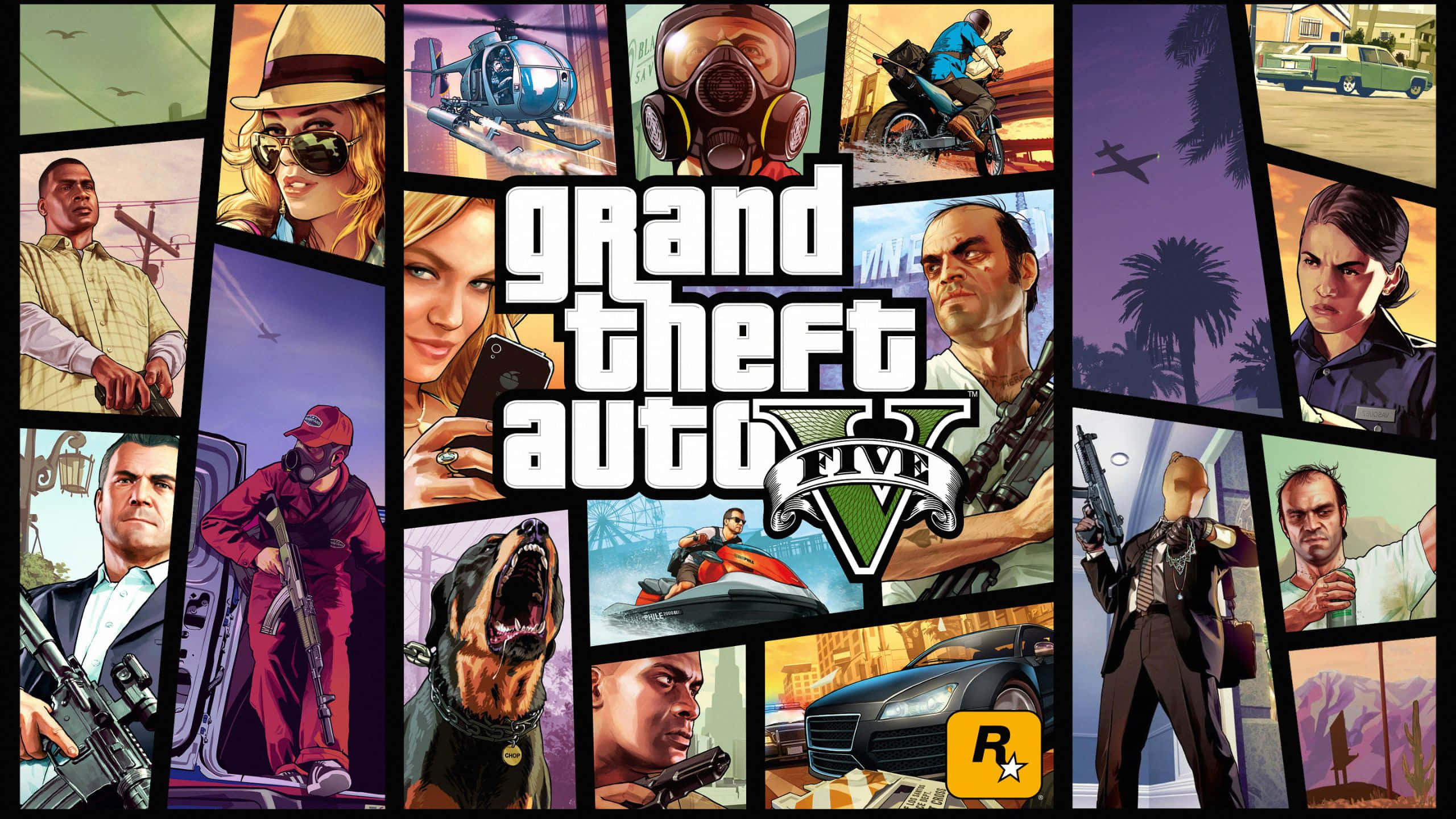 Grand Theft Auto V 桌布 壁紙 — 以風格化漫畫面板呈現的《Grand Theft Auto V》角色與場景的鮮明拼貼畫。