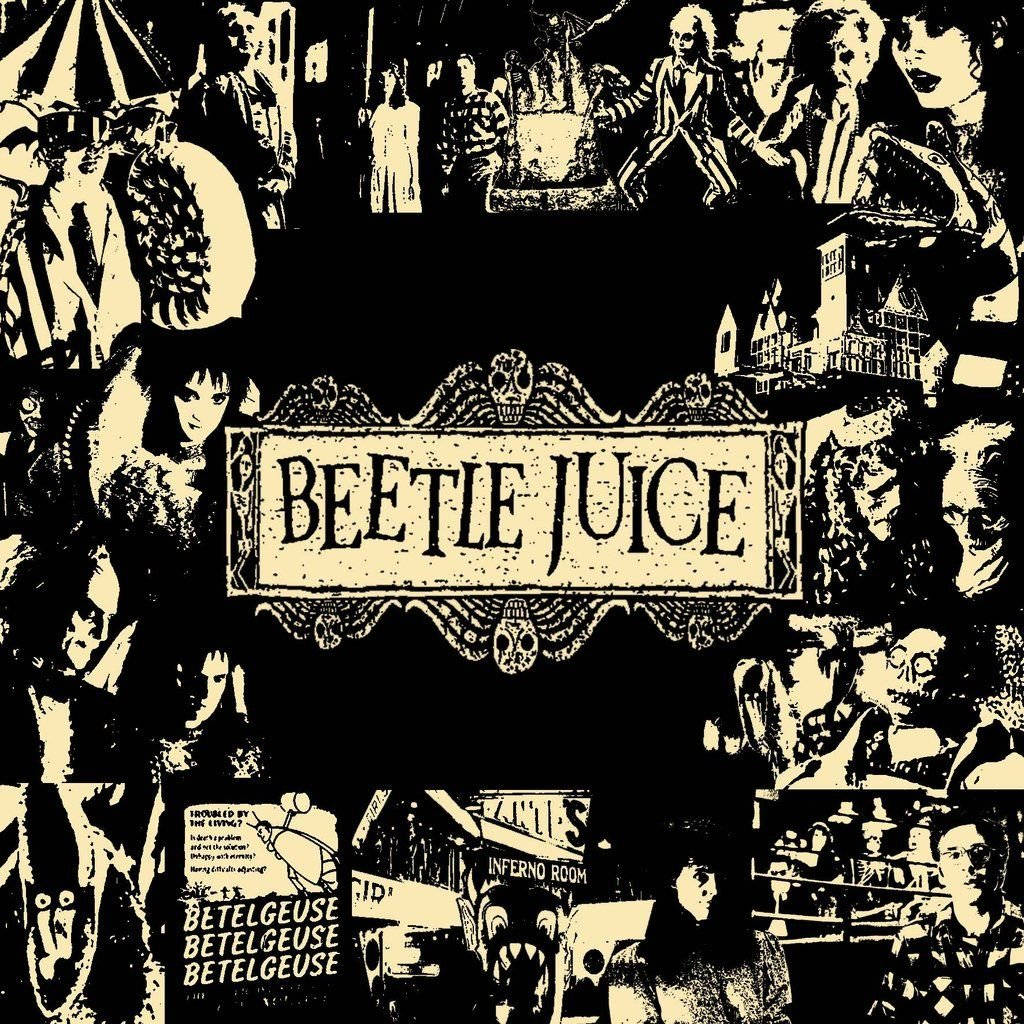 Beetlejuice 桌布 壁紙 — 以高對比度棕褐色調拼貼《陰間大法師》電影角色和場景，中央有華麗的標題橫幅。