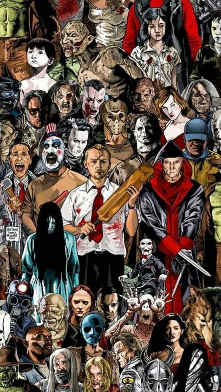 Horror Icons 桌布 壁紙 — 以鮮明、粗獷的插圖風格，密集拼貼經典恐怖電影反派與怪物。