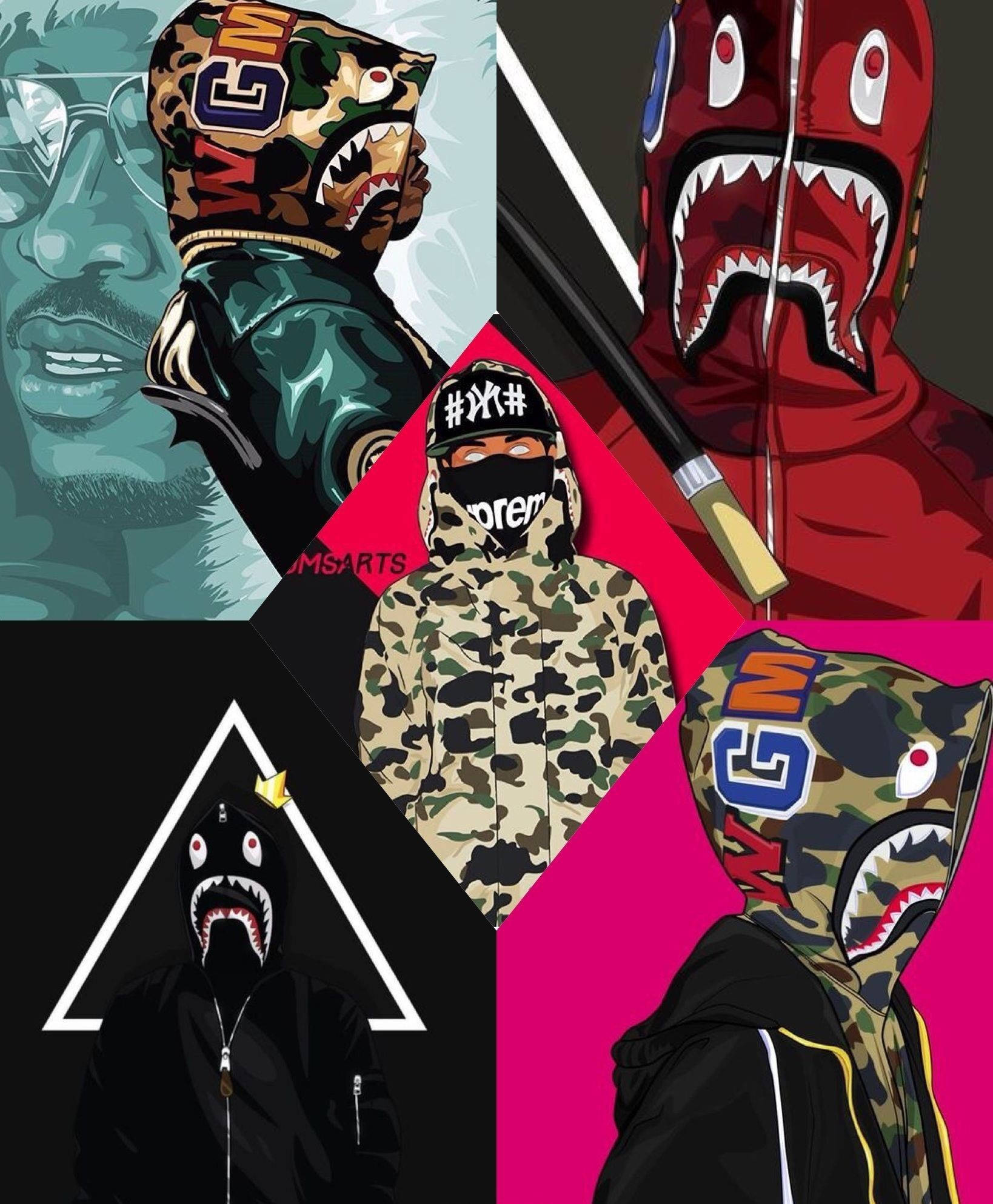 bape logo 桌布 壁紙 — 以鮮明幾何背景襯托，穿著鯊魚嘴連帽衫和口罩的風格化人物拼貼畫。
