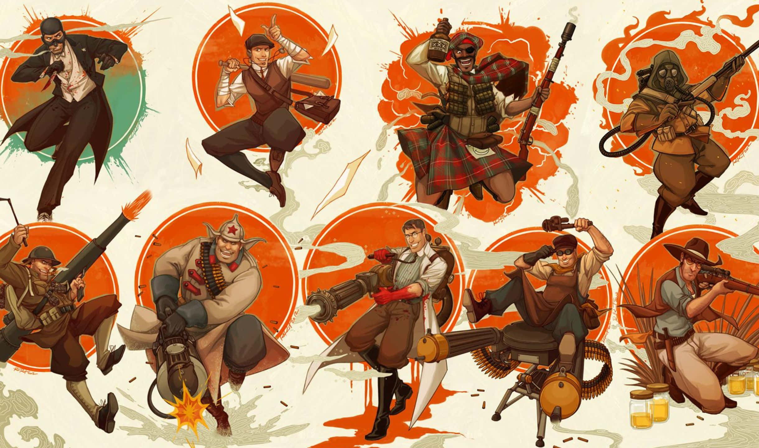2440x1440 Tf2 桌布 壁紙 — 以鮮明插圖描繪的復古風格士兵，在熾熱的橙色圓形背景下擺出動態姿勢，手持武器。