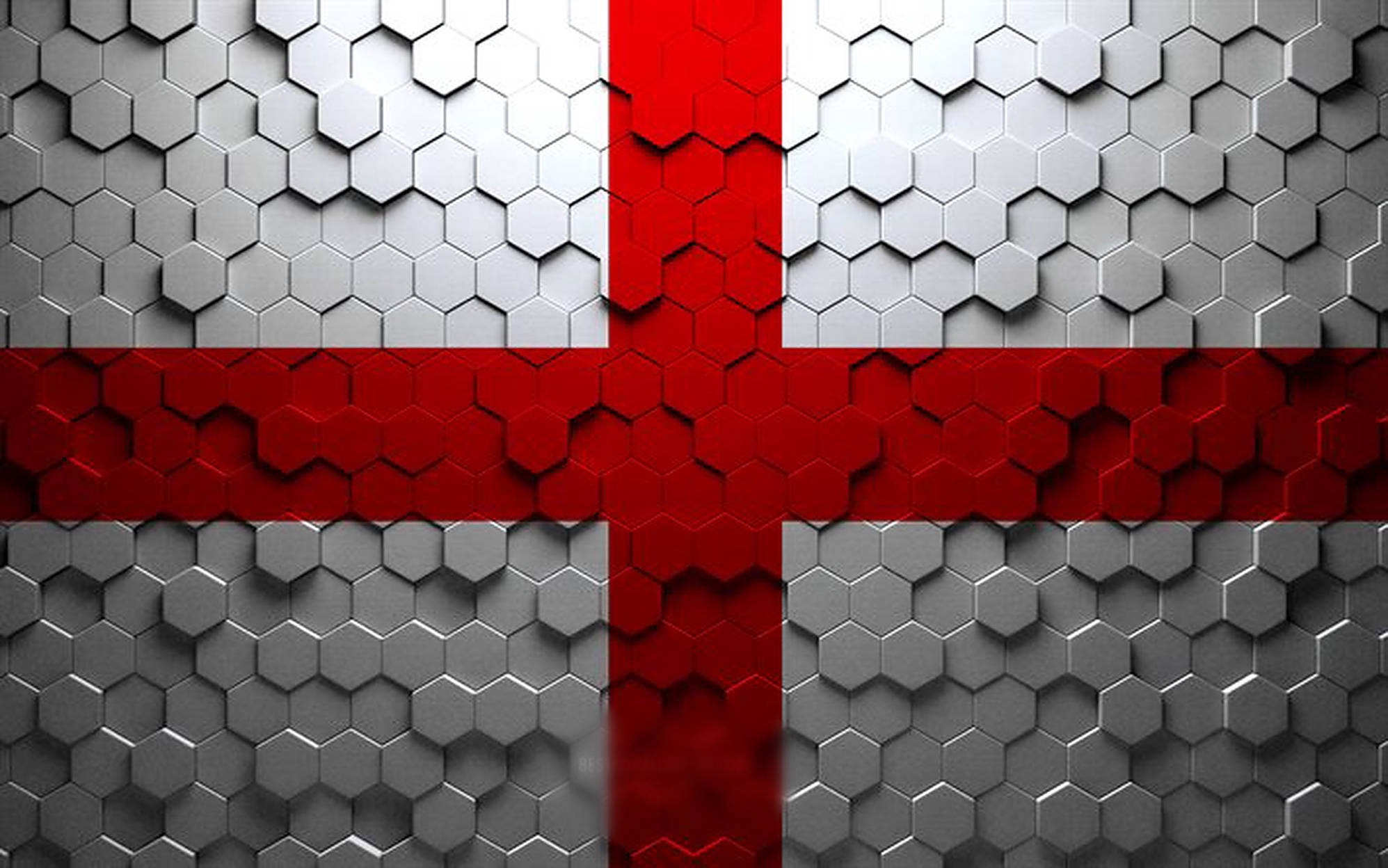 England Flag 桌布 壁紙 — 以鮮明的紅色和金屬灰色六角形瓷磚呈現的風格化英格蘭國旗，帶有銳利陰影。